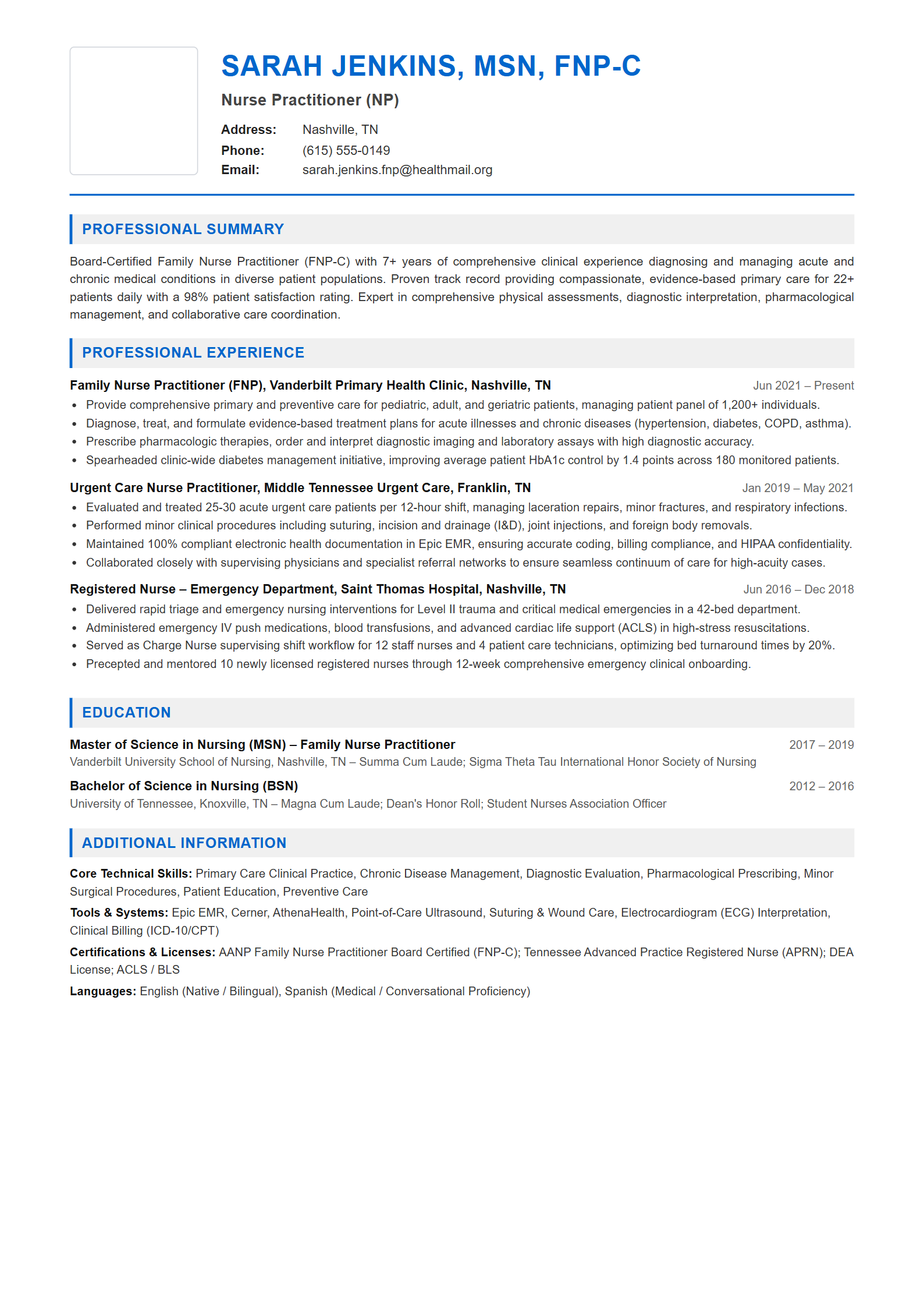 Nurse Practitioner (NP) Resume Example (Template 107 - Executive Single-Page Format)