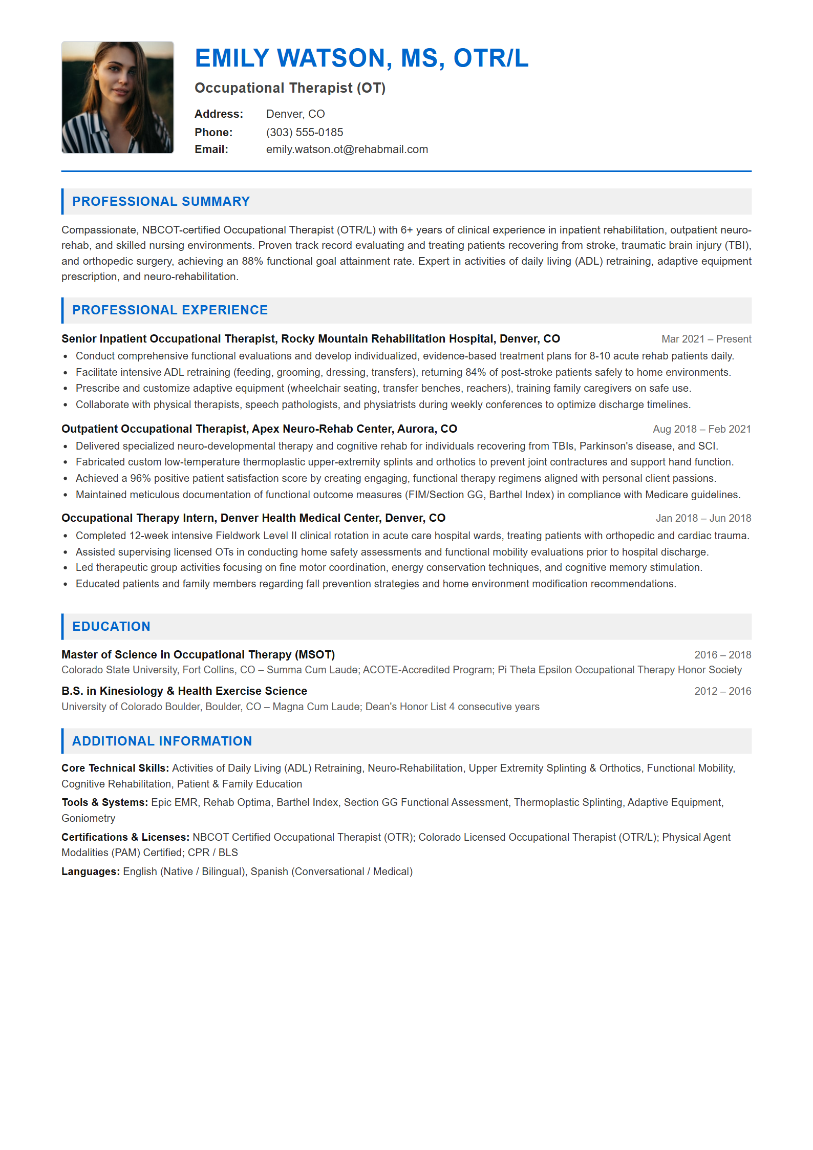 Occupational Therapist (OT) Resume Example (Template 107 - Executive Single-Page Format)