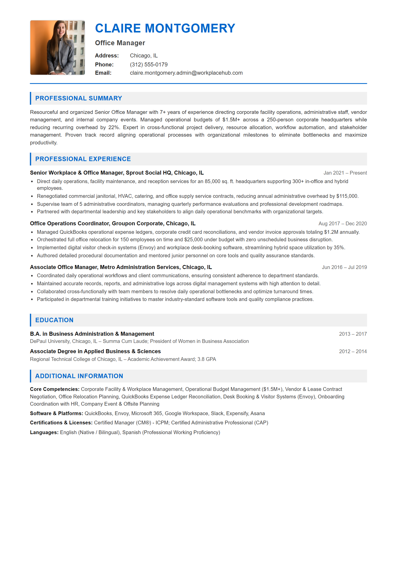 Office Manager Resume Example (Template 107 - Executive Single-Page Format)