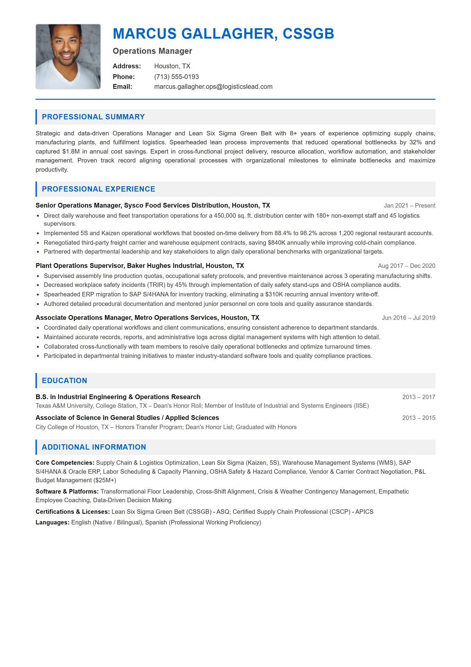 Operations Manager Resume Example (Template 107 - Executive Single-Page Format)
