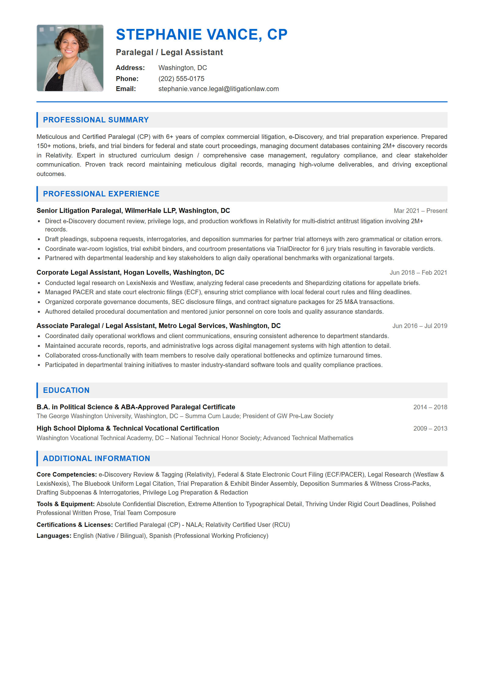 Paralegal / Legal Assistant Resume Example (Template 107 - Executive Single-Page Format)