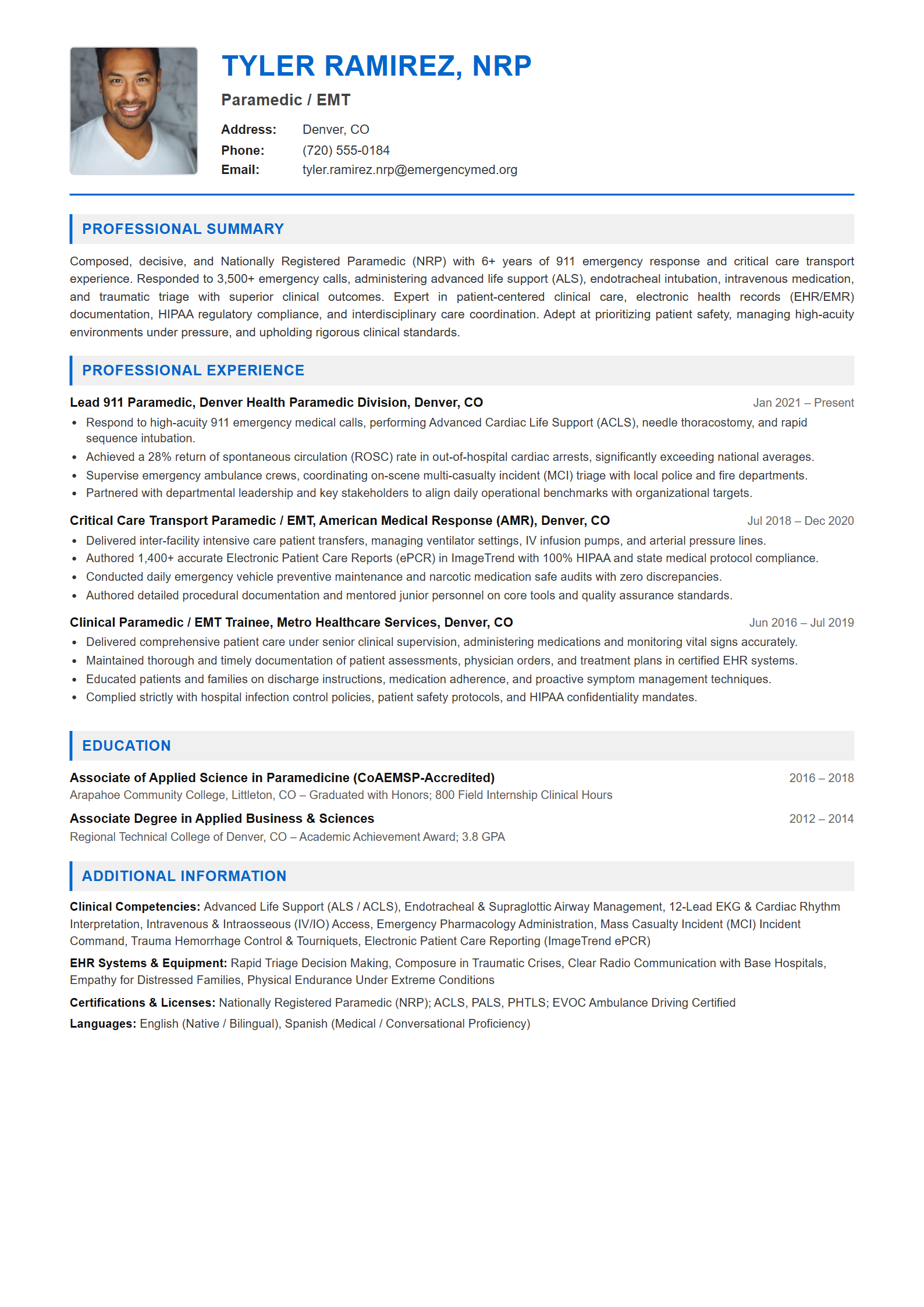 Paramedic / EMT Resume Example (Template 107 - Executive Single-Page Format)
