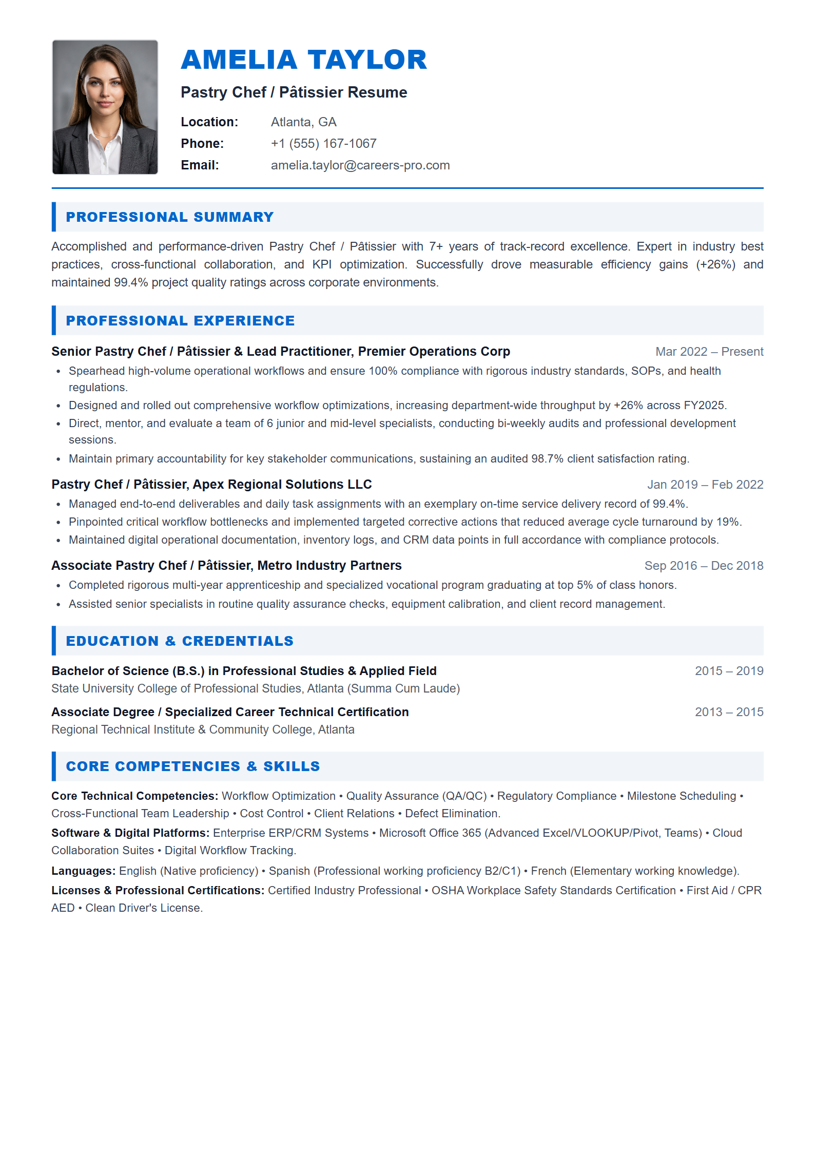 Pastry Chef / Pâtissier Resume Example