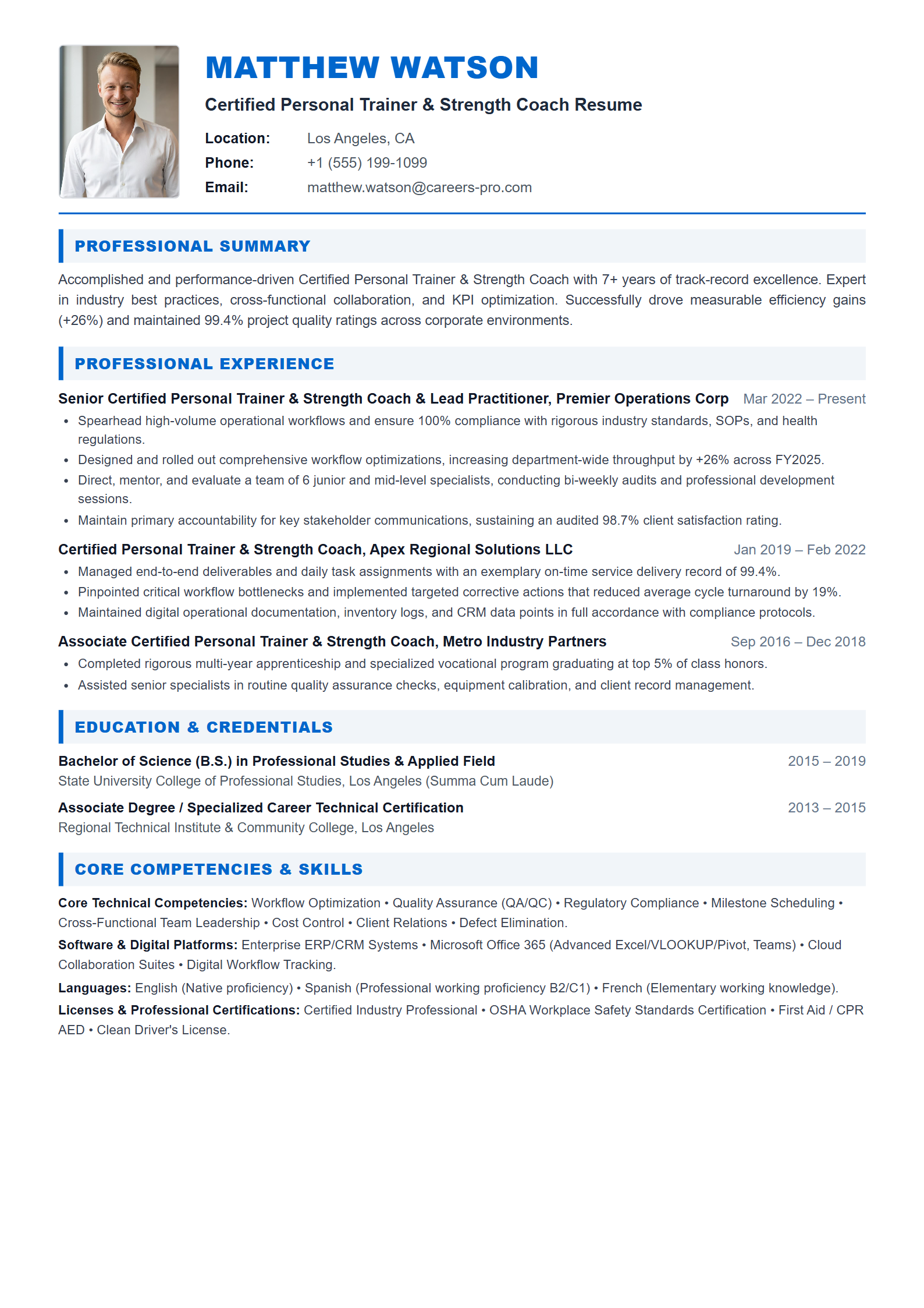 Certified Personal Trainer & Strength Coach Resume Example