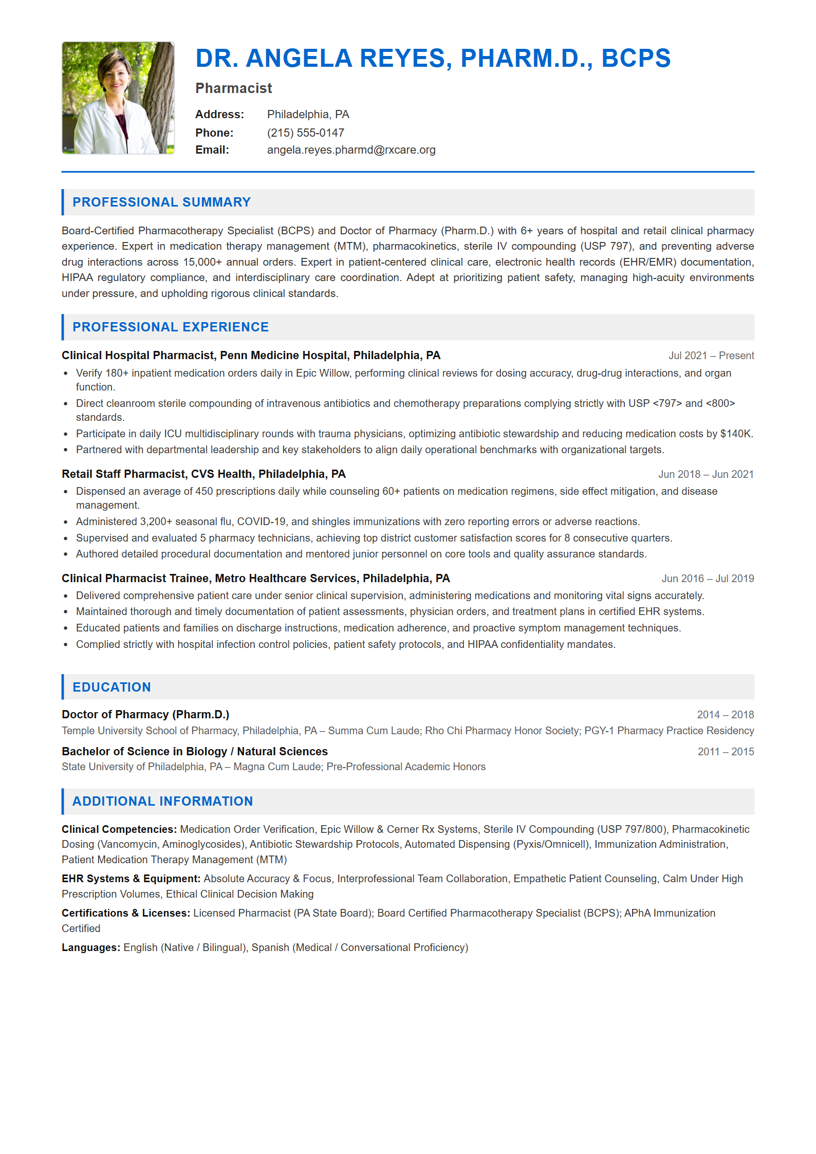 Pharmacist Resume Example (Template 107 - Executive Single-Page Format)
