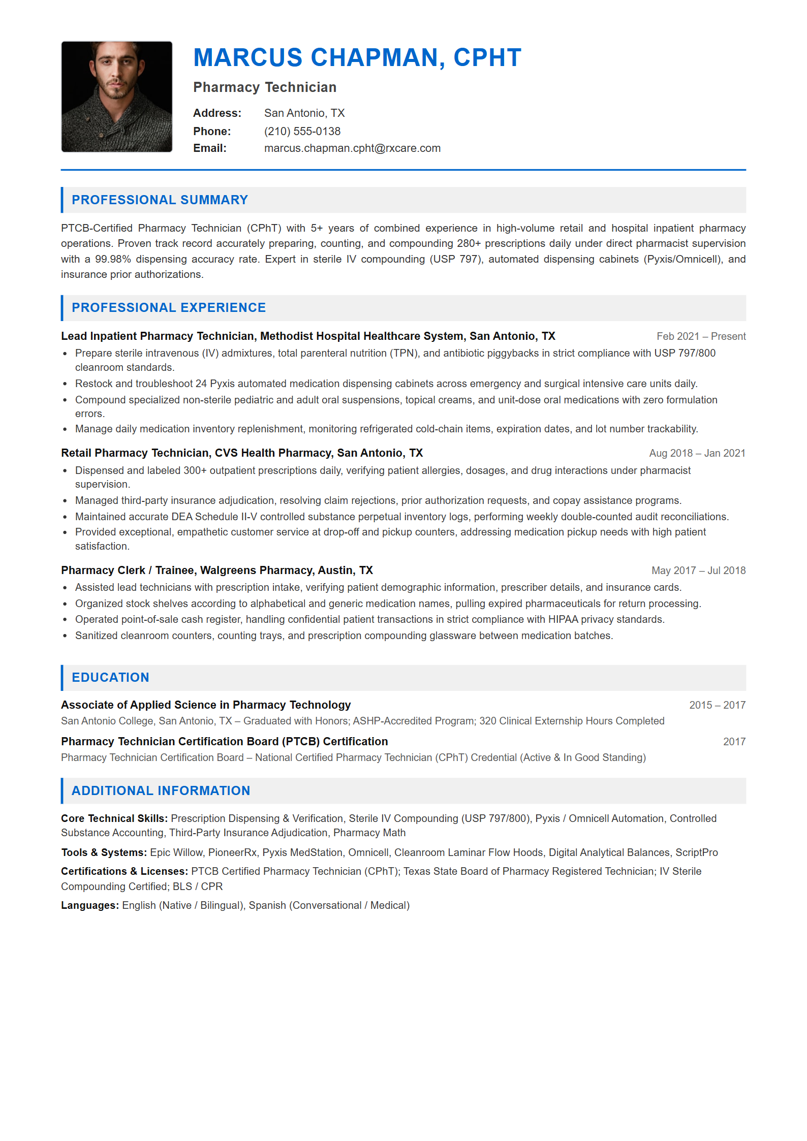 Pharmacy Technician Resume Example (Template 107 - Executive Single-Page Format)