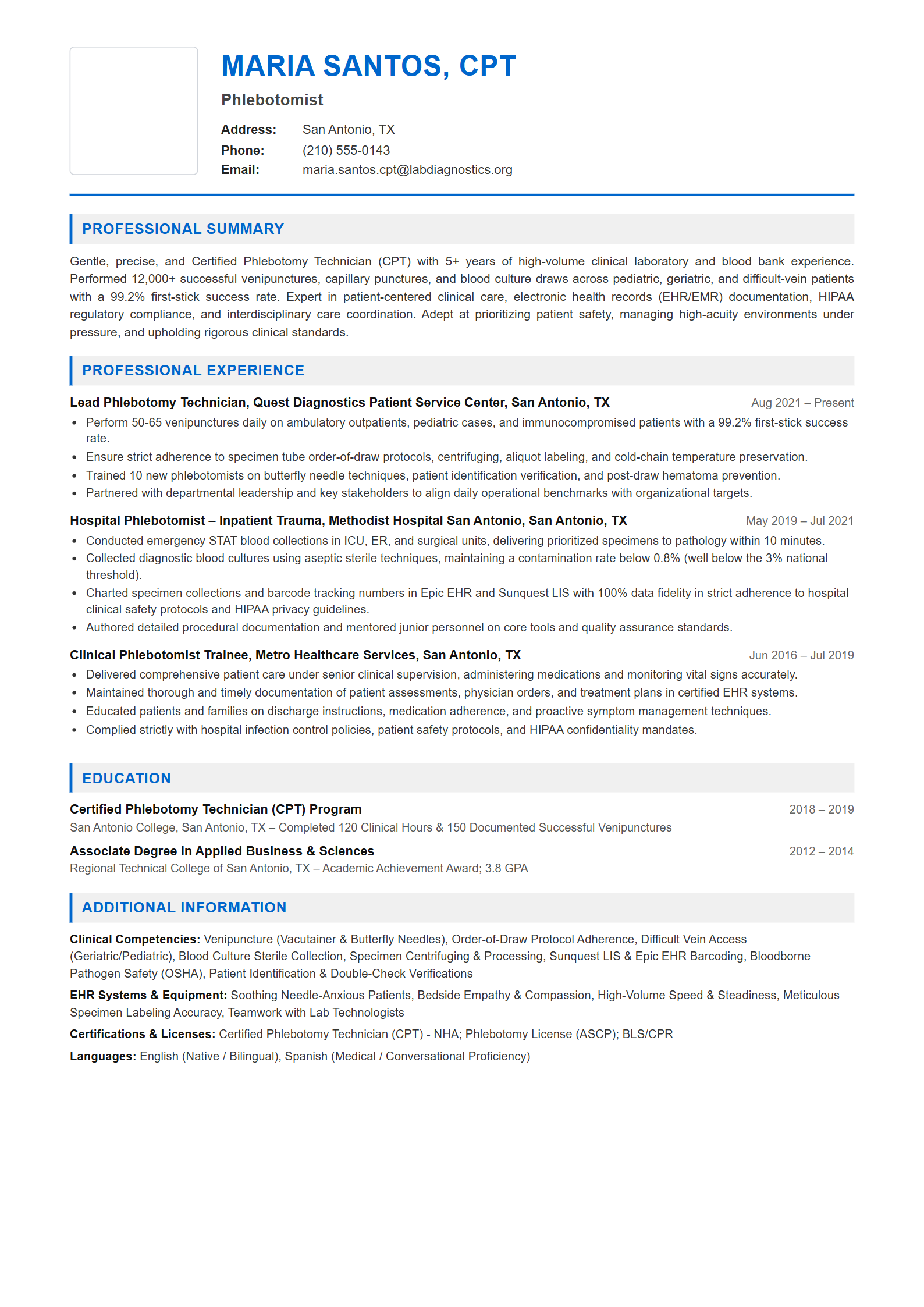 Phlebotomist Resume Example (Template 107 - Executive Single-Page Format)