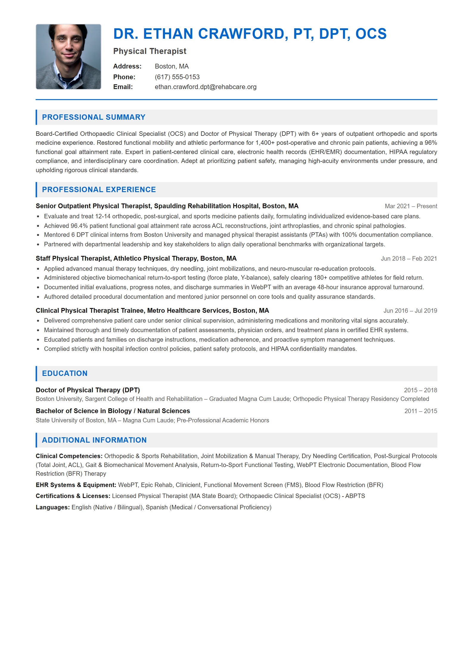 Physical Therapist Resume Example (Template 107 - Executive Single-Page Format)