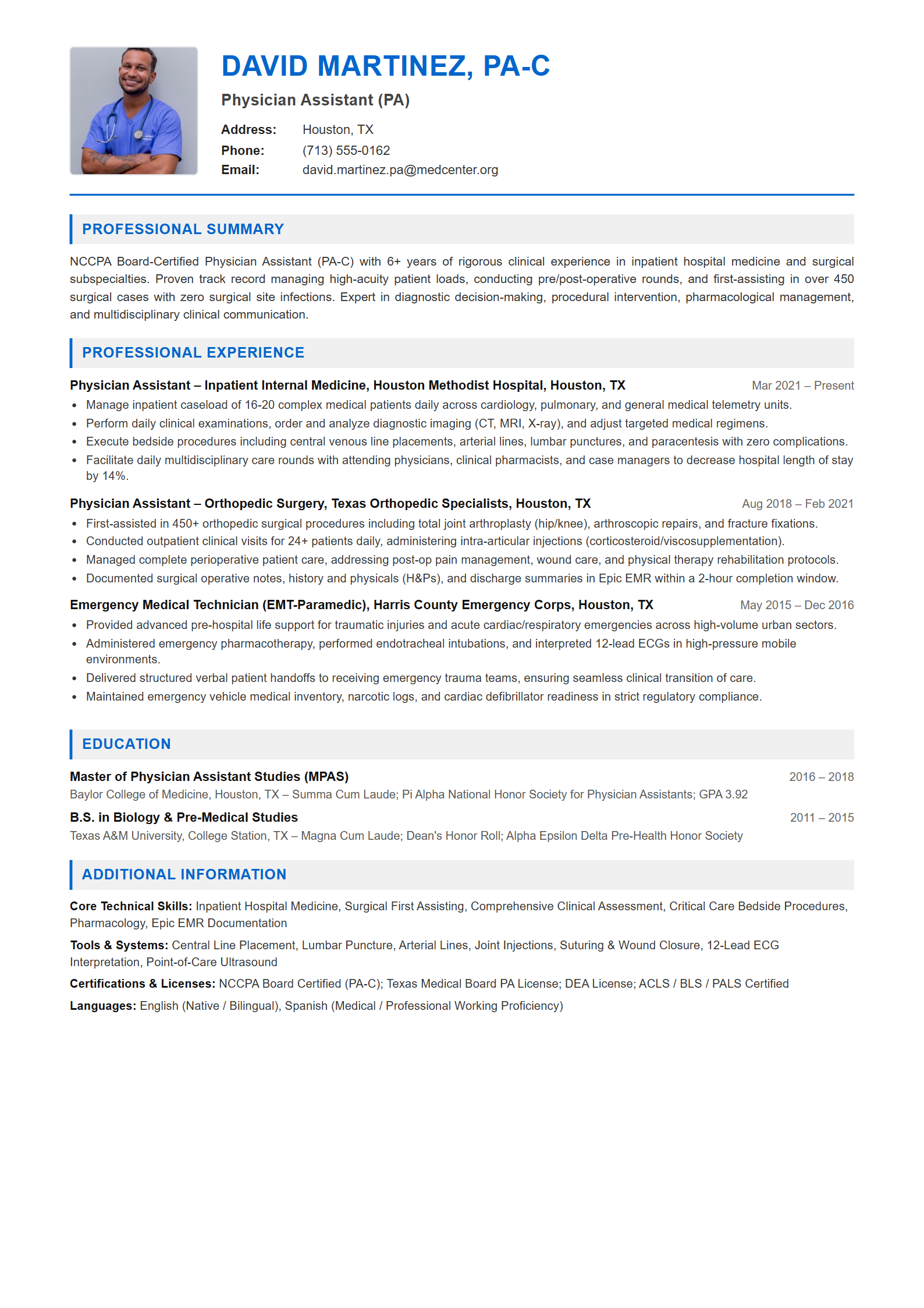 Physician Assistant (PA) Resume Example (Template 107 - Executive Single-Page Format)