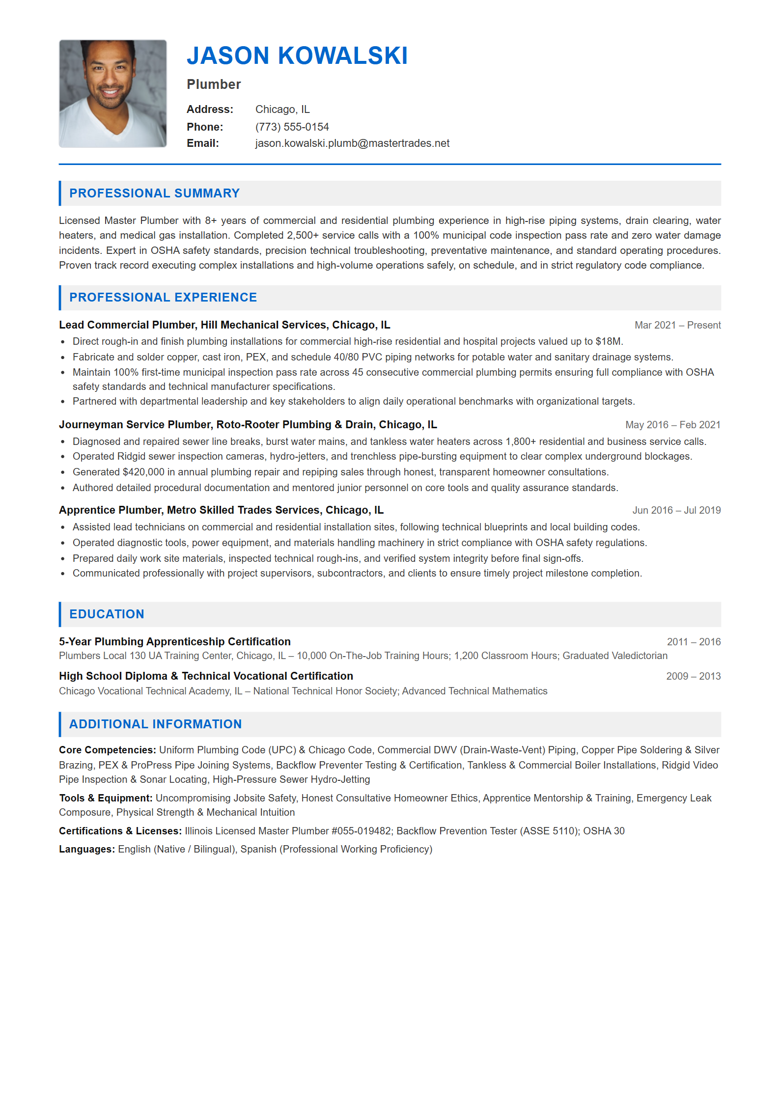 Plumber Resume Example (Template 107 - Executive Single-Page Format)