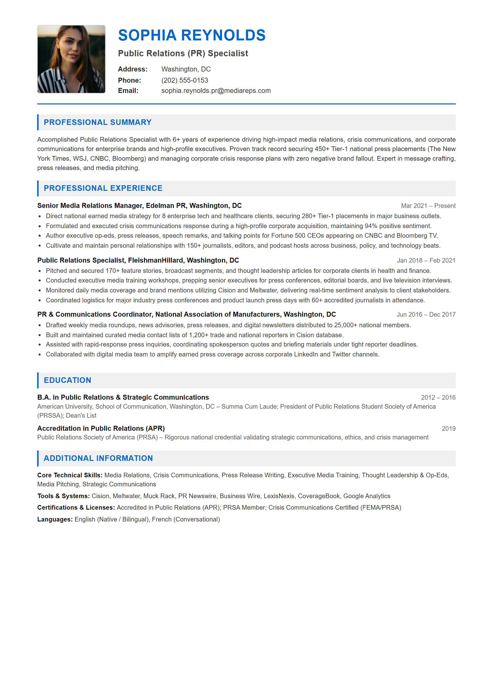 Public Relations (PR) Specialist Resume Example (Template 107 - Executive Single-Page Format)