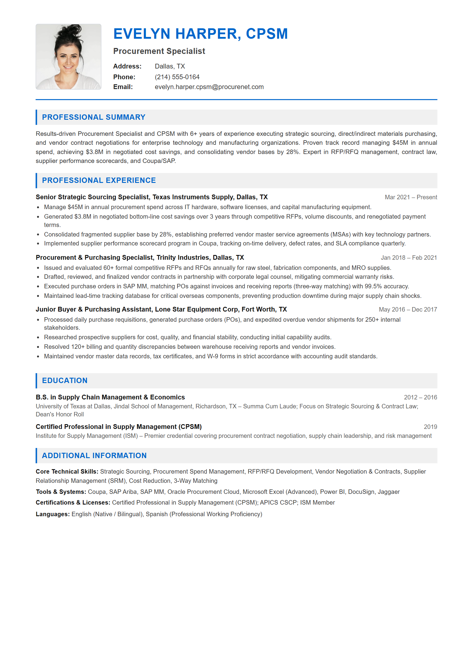 Procurement Specialist Resume Example (Template 107 - Executive Single-Page Format)