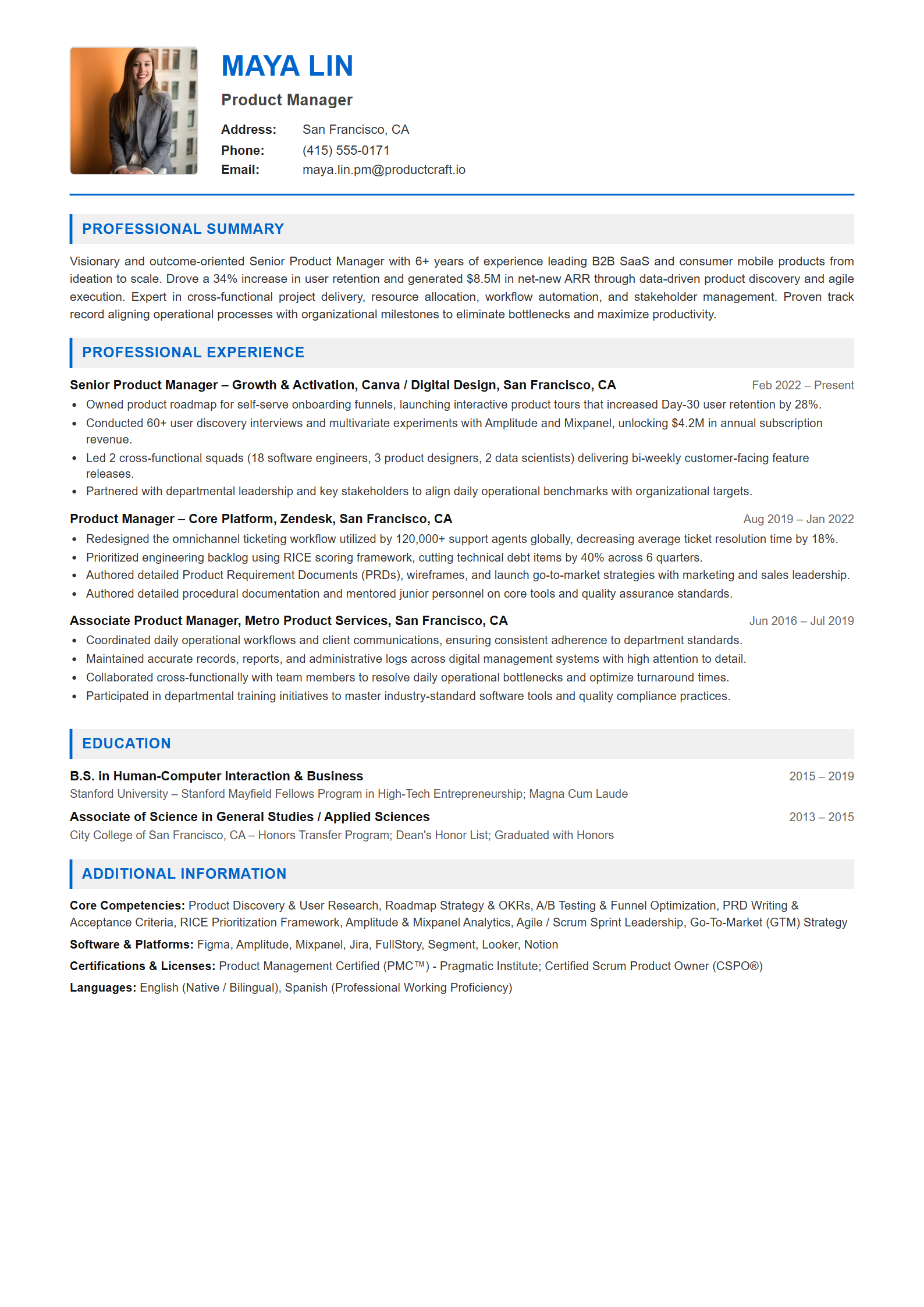 Product Manager Resume Example (Template 107 - Executive Single-Page Format)