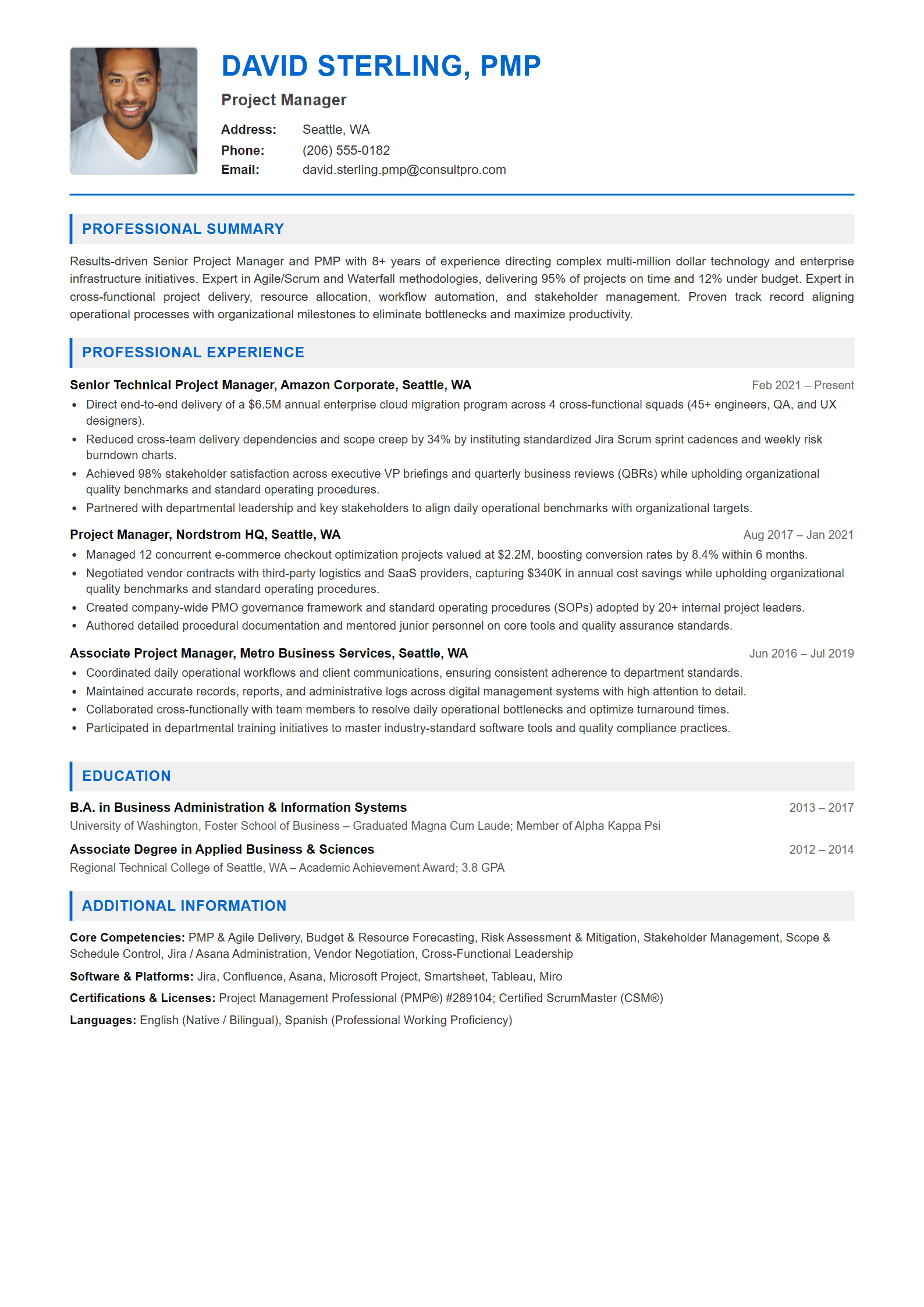 Project Manager Resume Example (Template 107 - Executive Single-Page Format)
