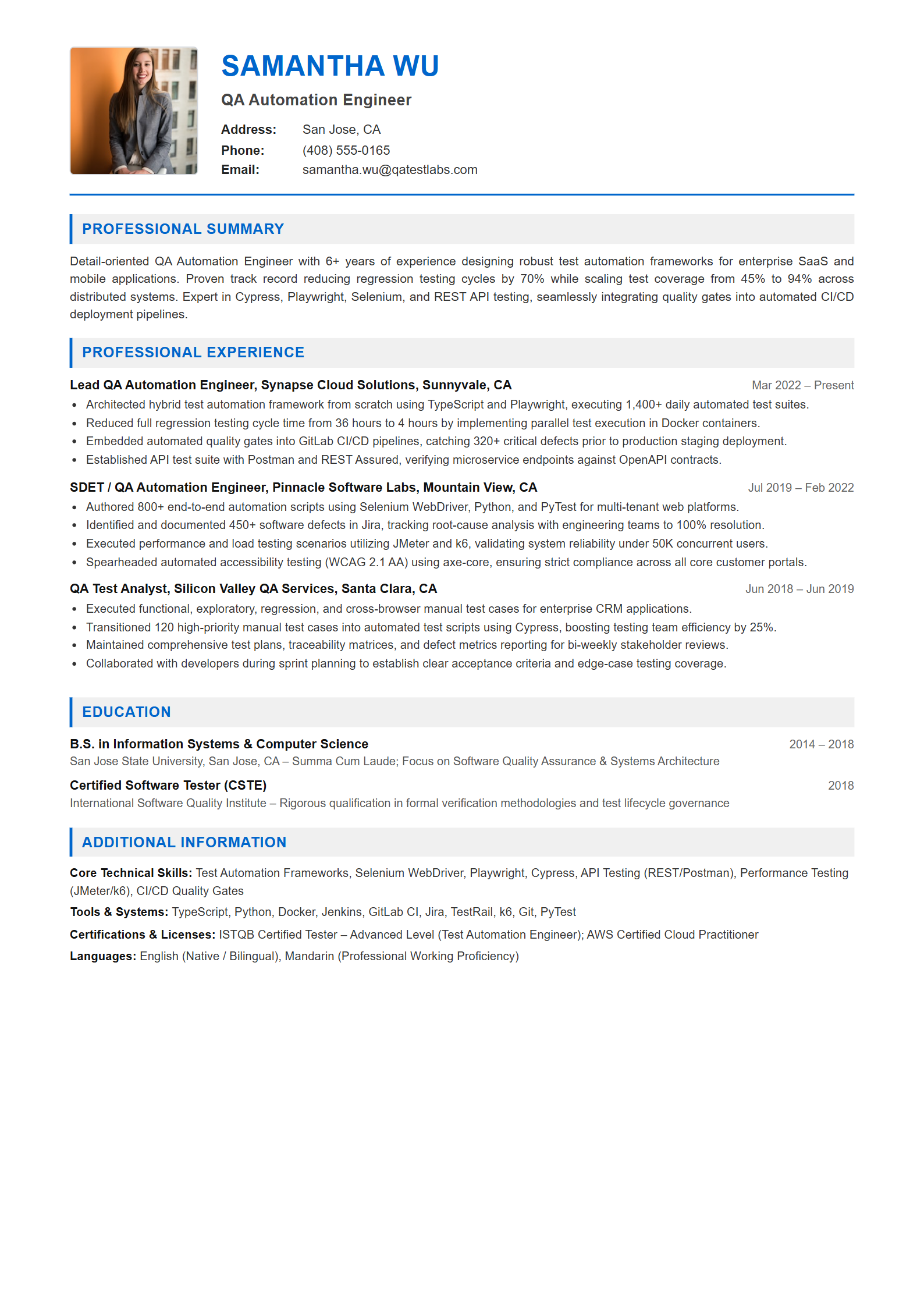 QA Automation Engineer Resume Example (Template 107 - Executive Single-Page Format)