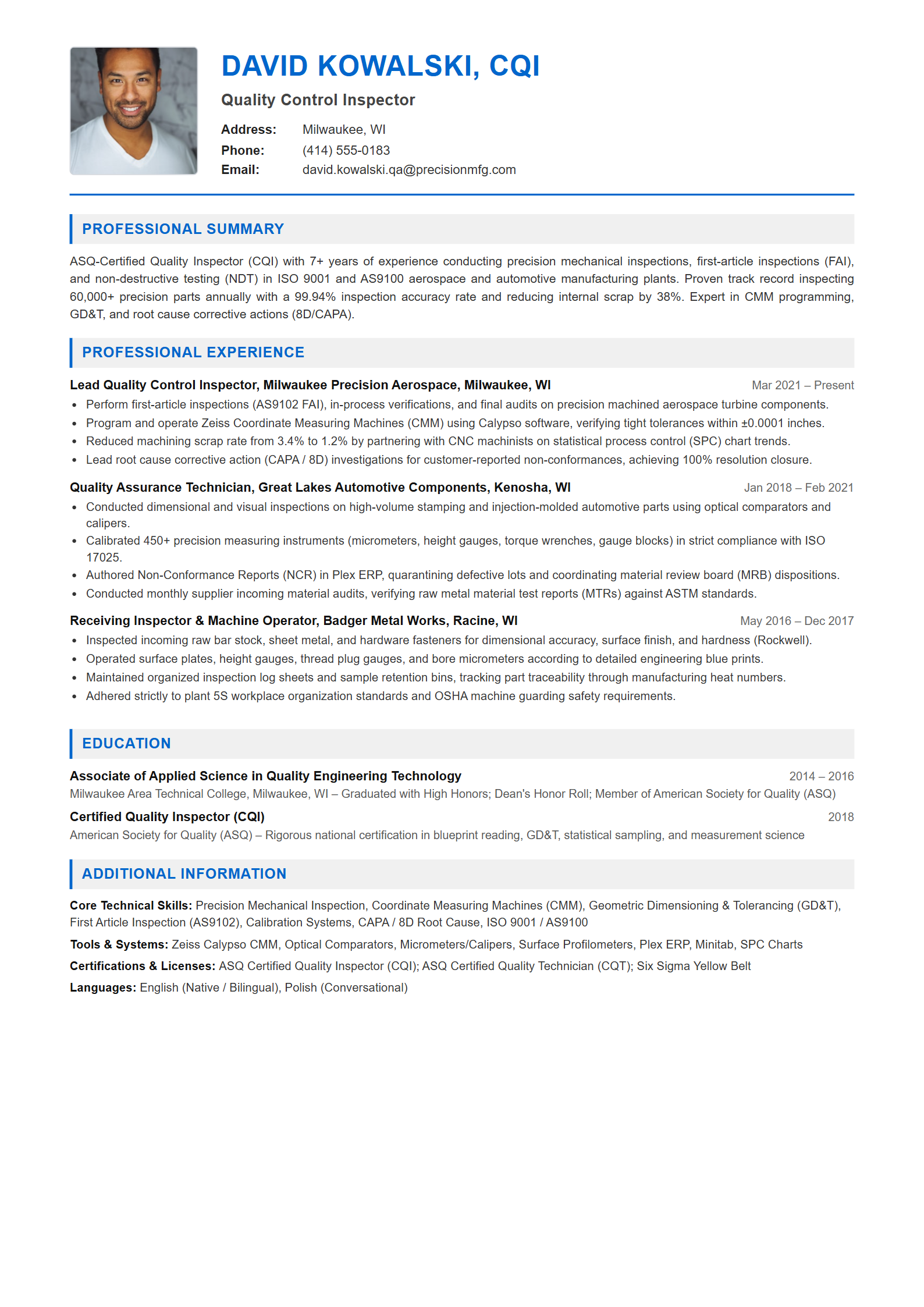 Quality Control Inspector Resume Example (Template 107 - Executive Single-Page Format)
