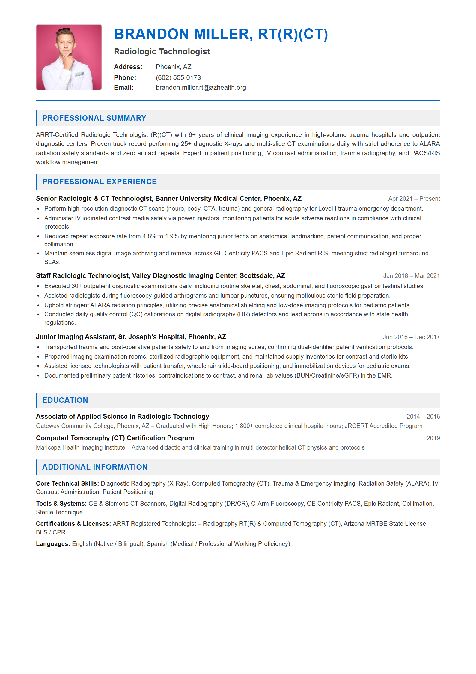 Radiologic Technologist Resume Example (Template 107 - Executive Single-Page Format)
