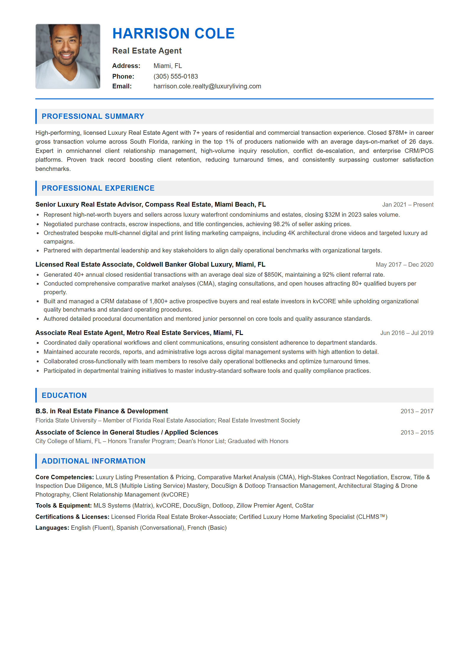 Real Estate Agent Resume Example (Template 107 - Executive Single-Page Format)