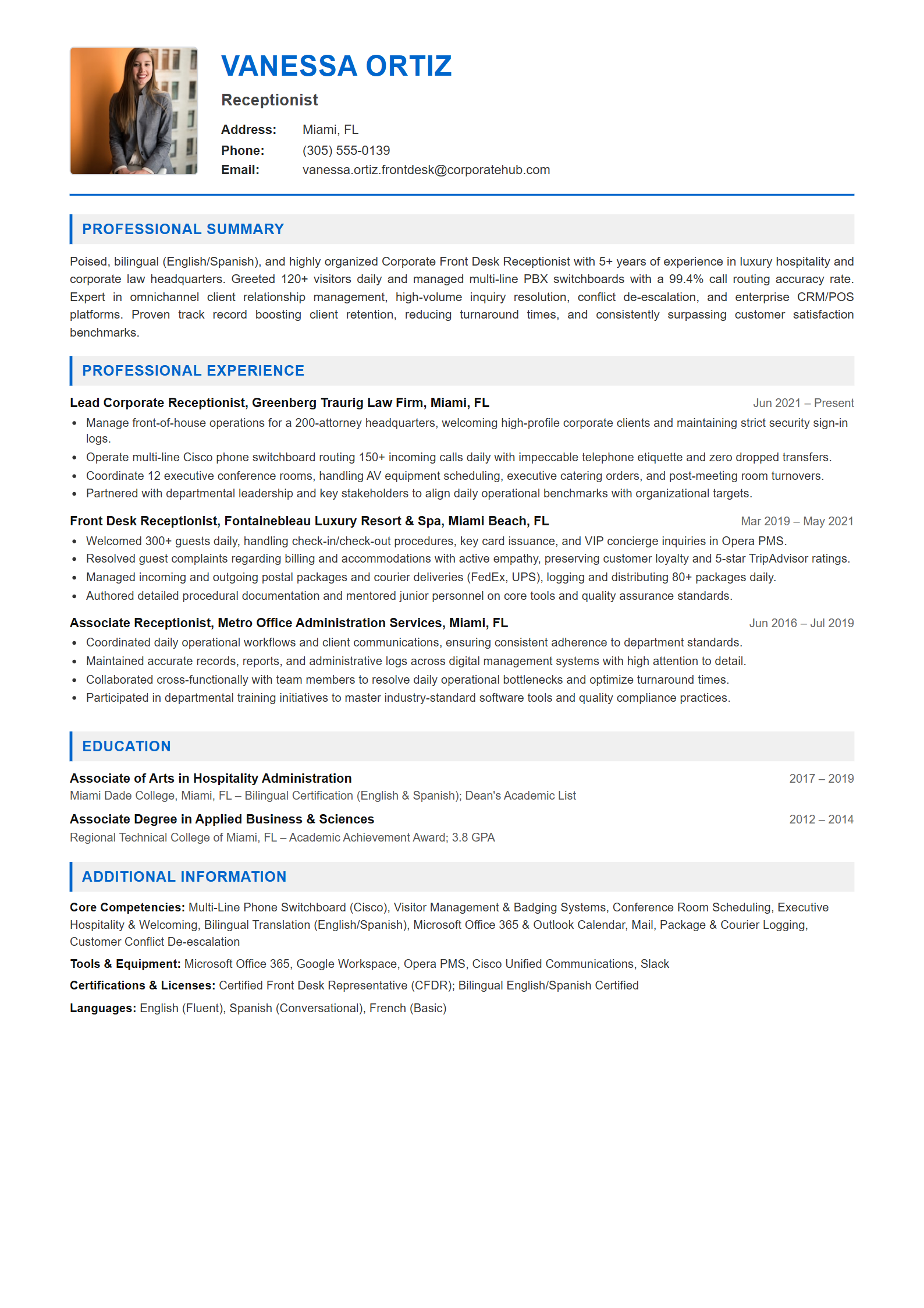 Receptionist Resume Example (Template 107 - Executive Single-Page Format)