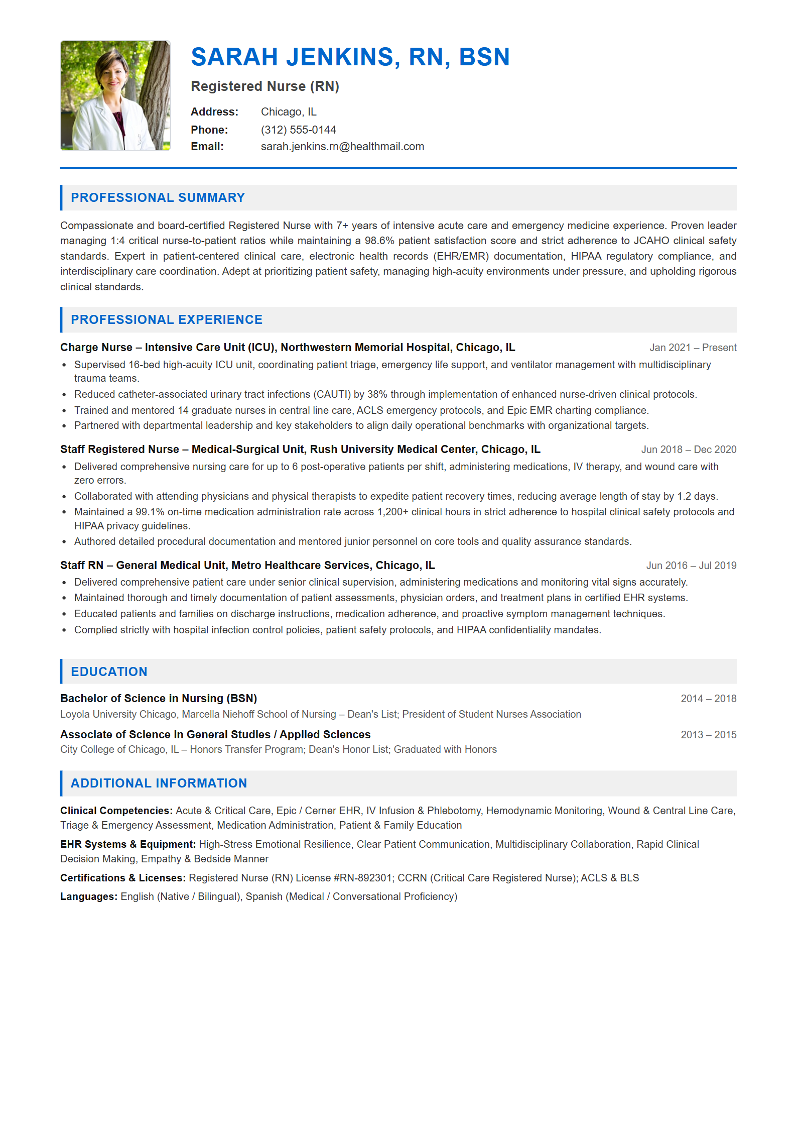 Registered Nurse (RN) Resume Example (Template 107 - Executive Single-Page Format)