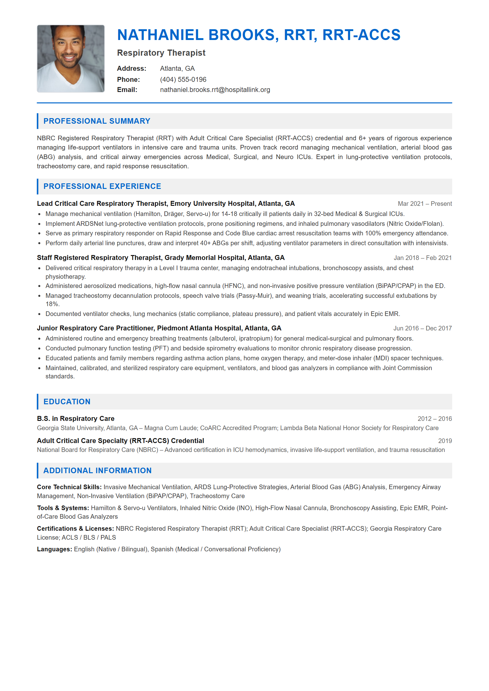 Respiratory Therapist Resume Example (Template 107 - Executive Single-Page Format)