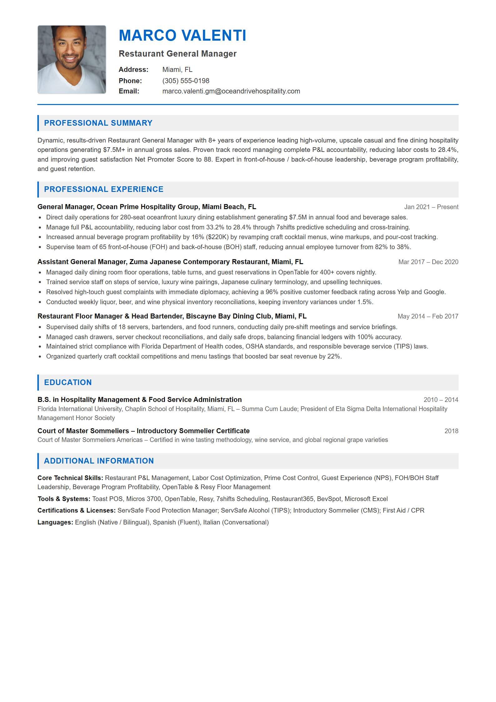 Restaurant General Manager Resume Example (Template 107 - Executive Single-Page Format)