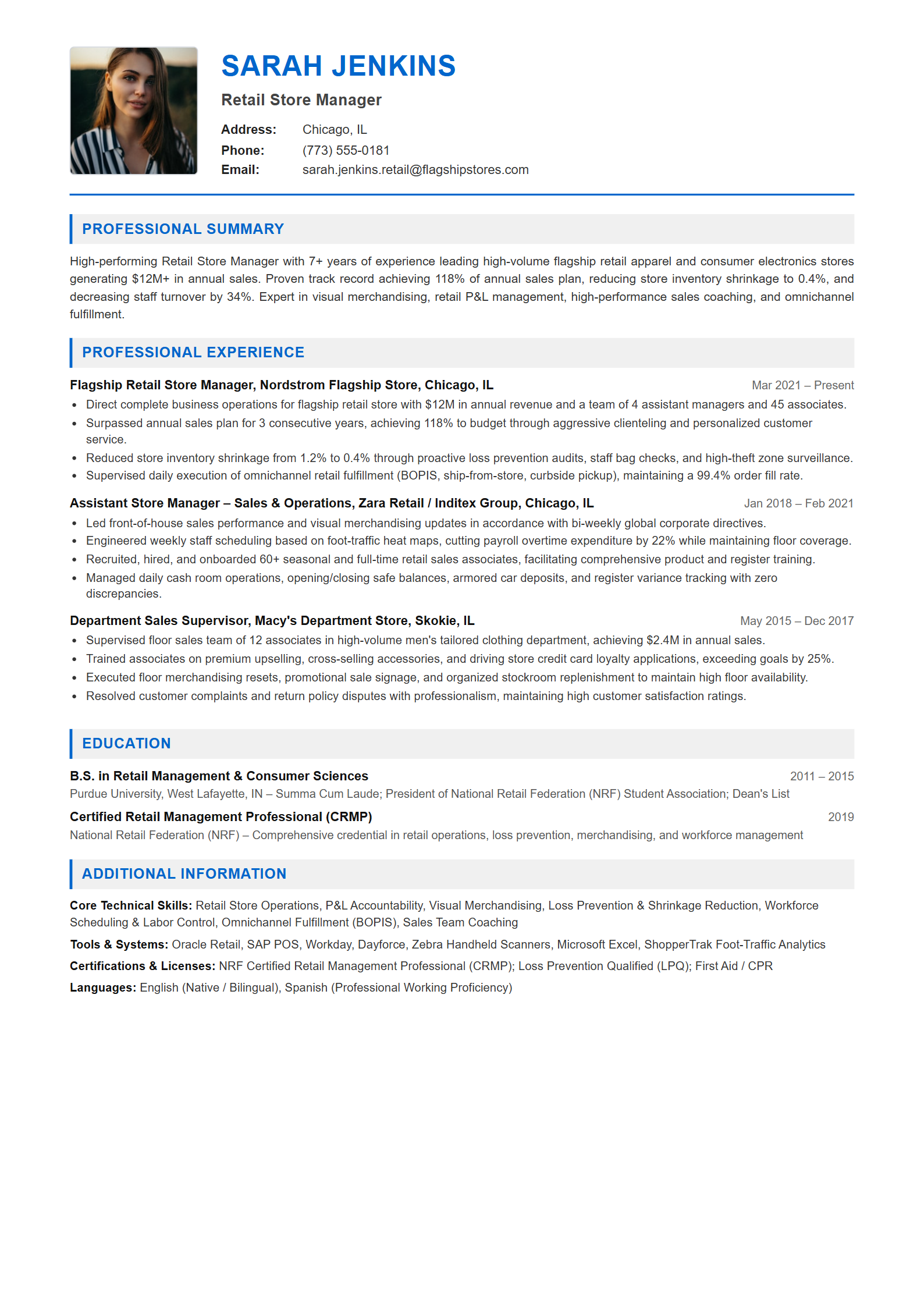 Retail Store Manager Resume Example (Template 107 - Executive Single-Page Format)