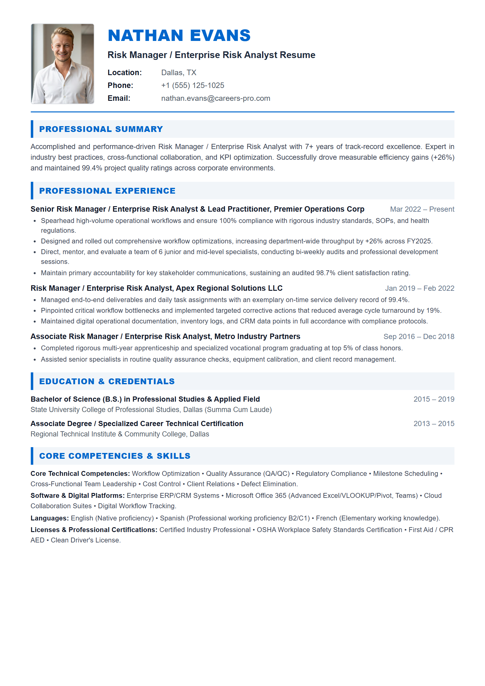 Risk Manager / Enterprise Risk Analyst Resume Example
