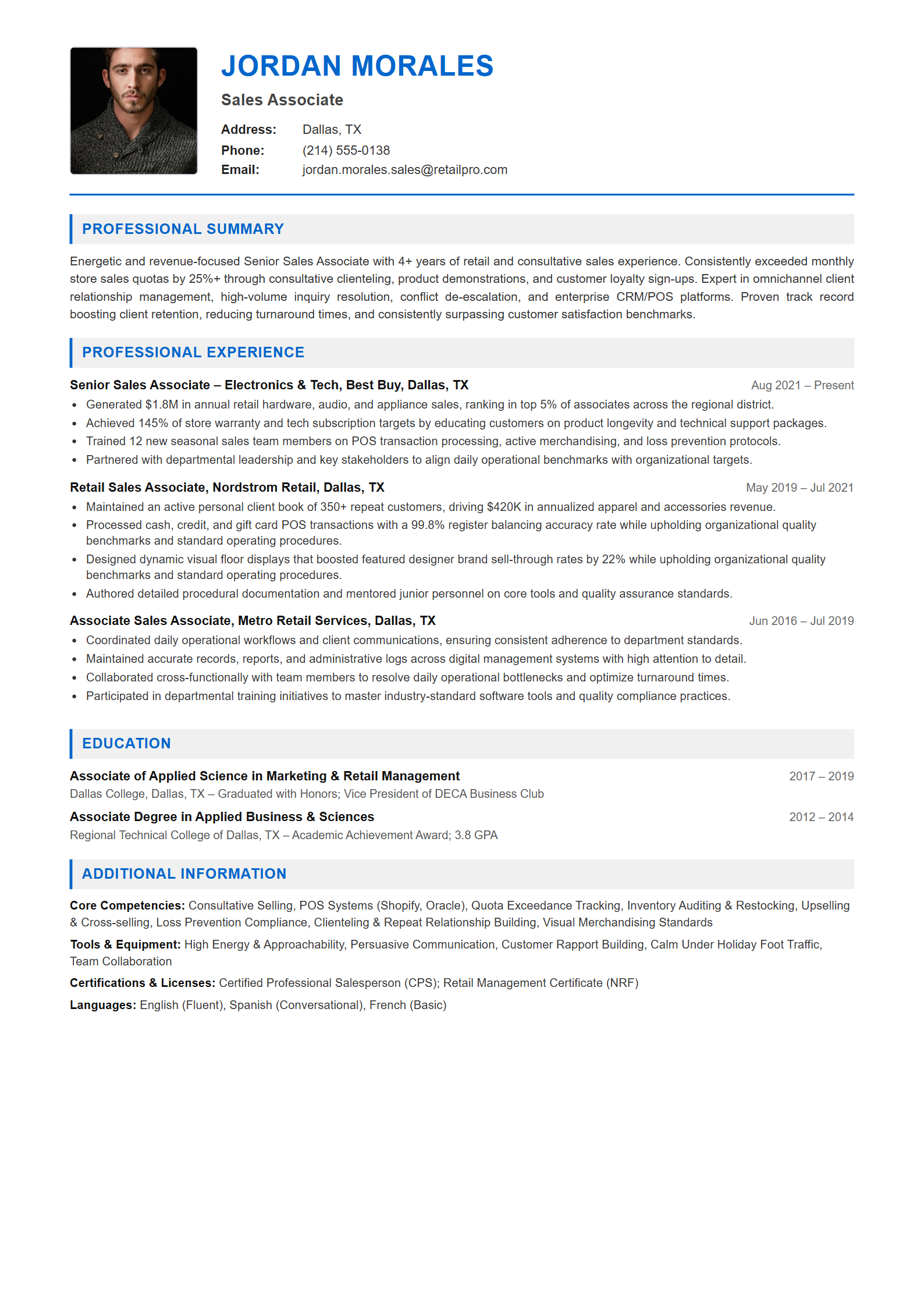 Sales Associate Resume Example (Template 107 - Executive Single-Page Format)