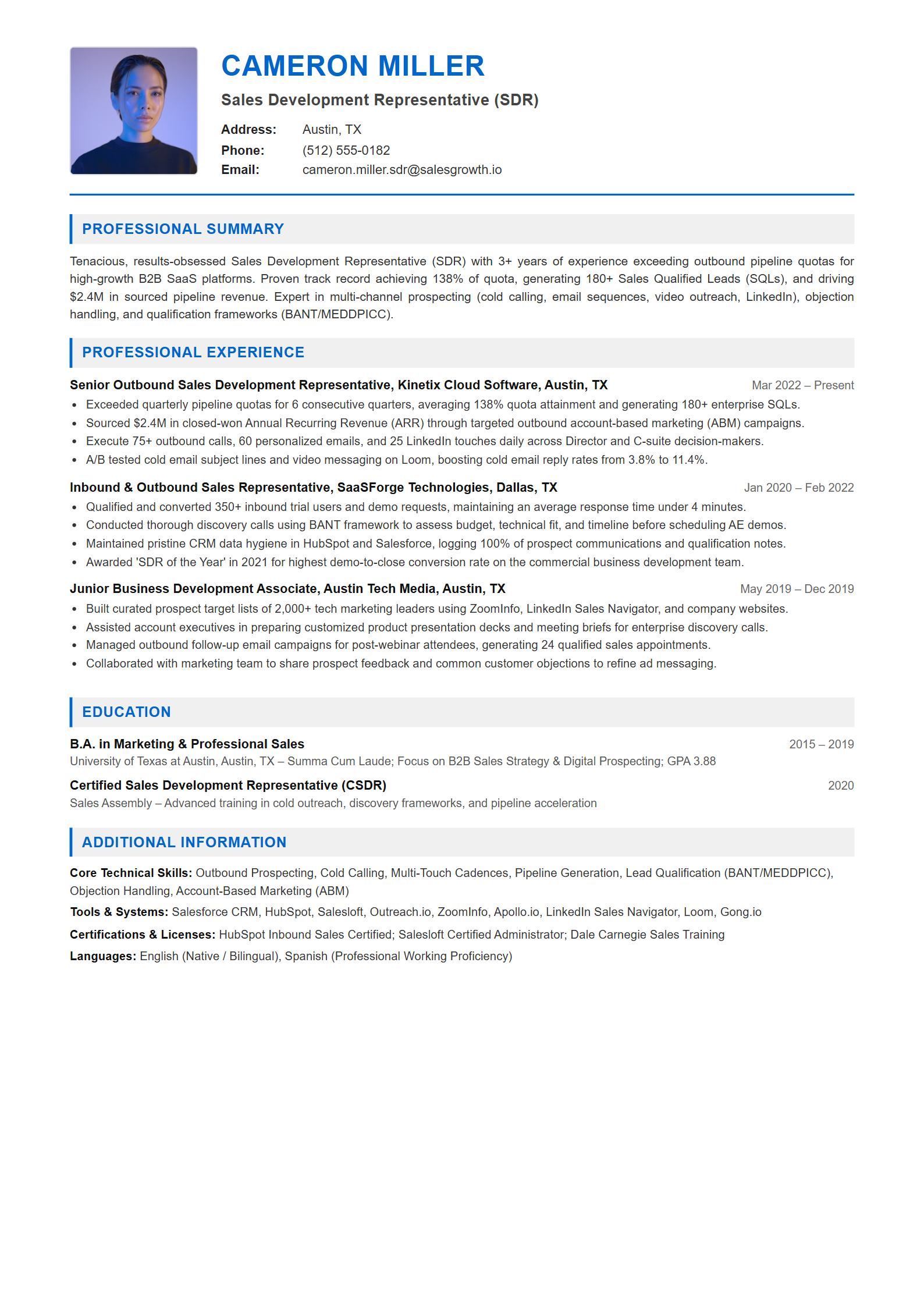 Sales Development Representative (SDR) Resume Example (Template 107 - Executive Single-Page Format)