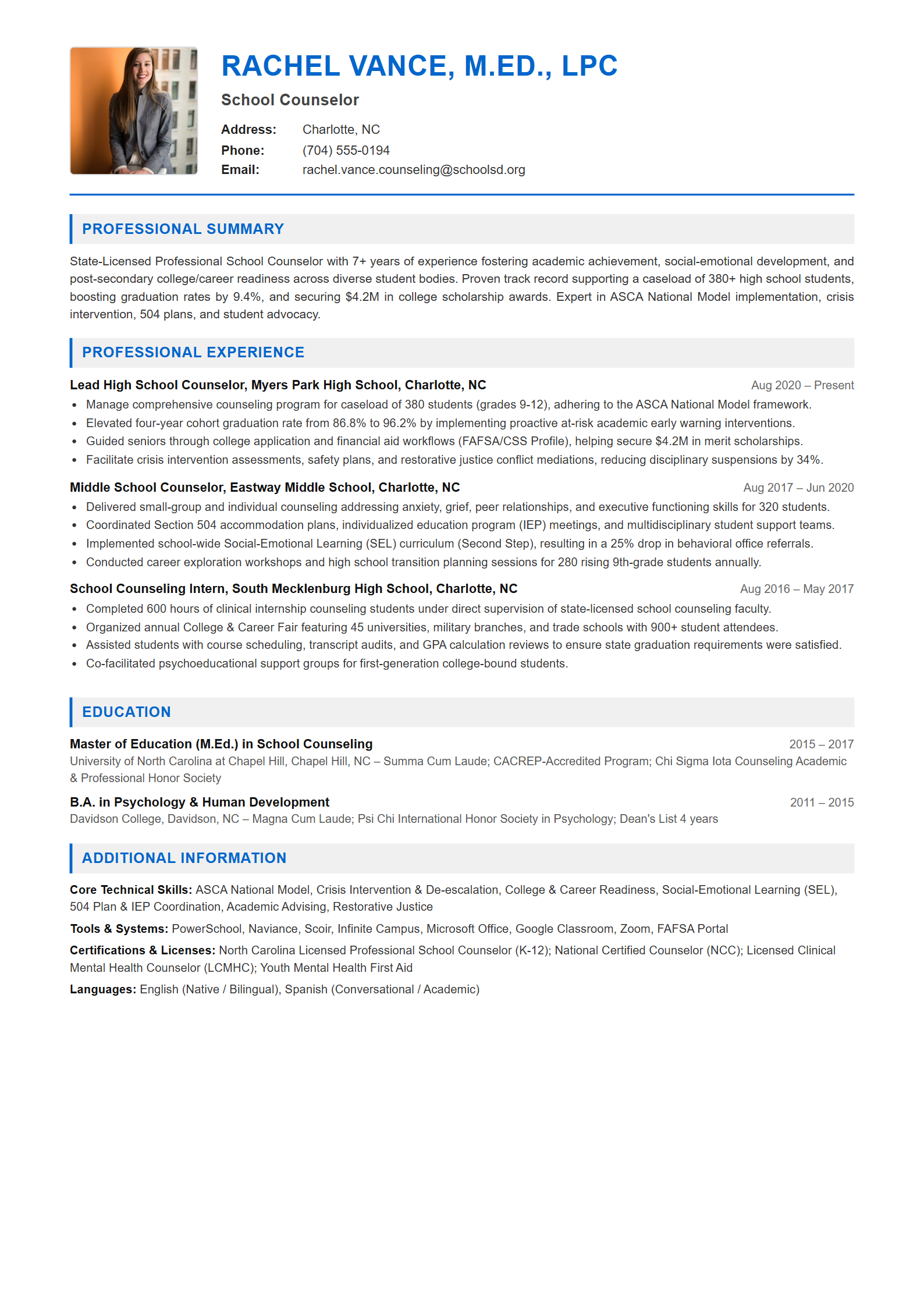 School Counselor Resume Example (Template 107 - Executive Single-Page Format)