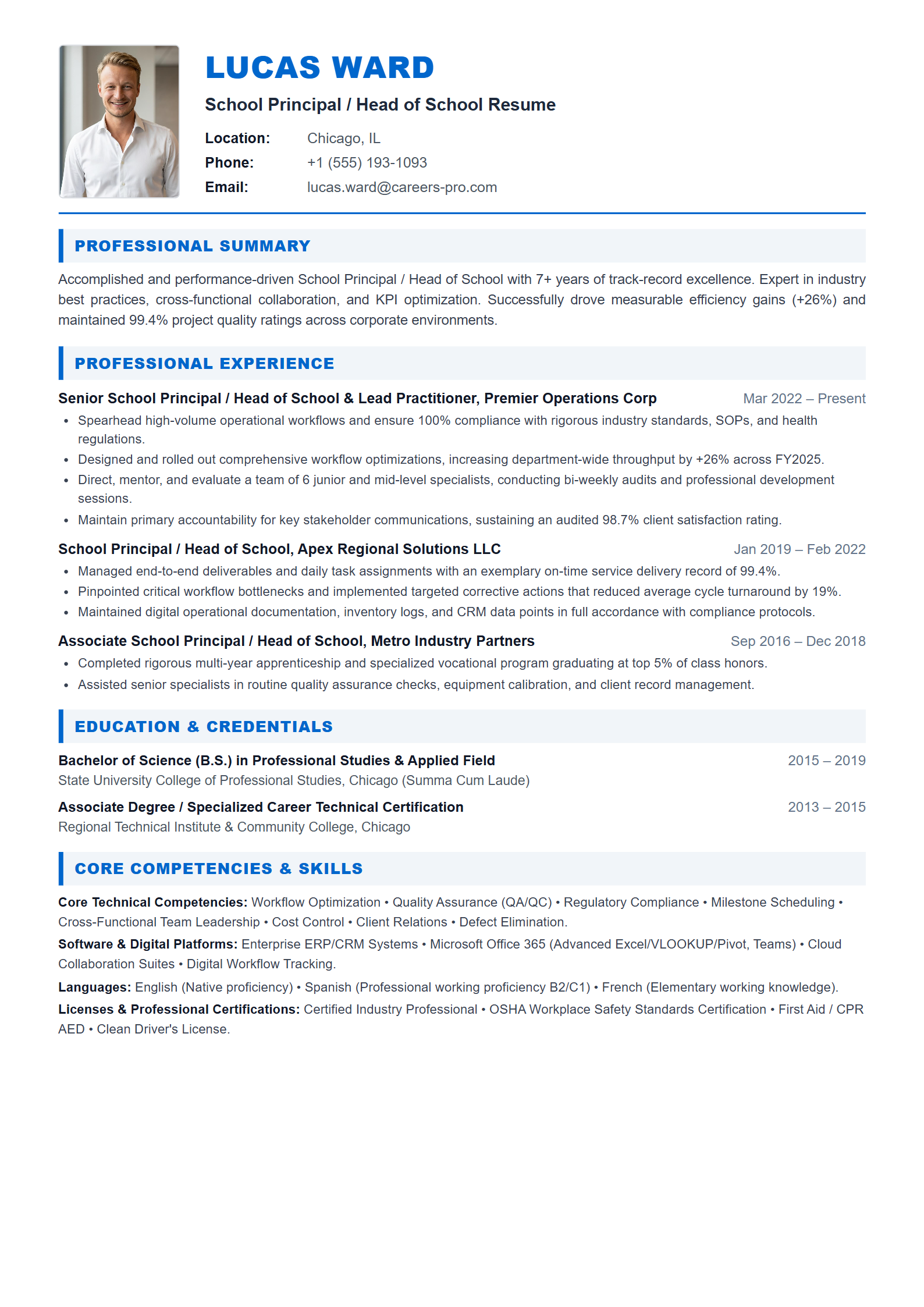 School Principal / Head of School Resume Example