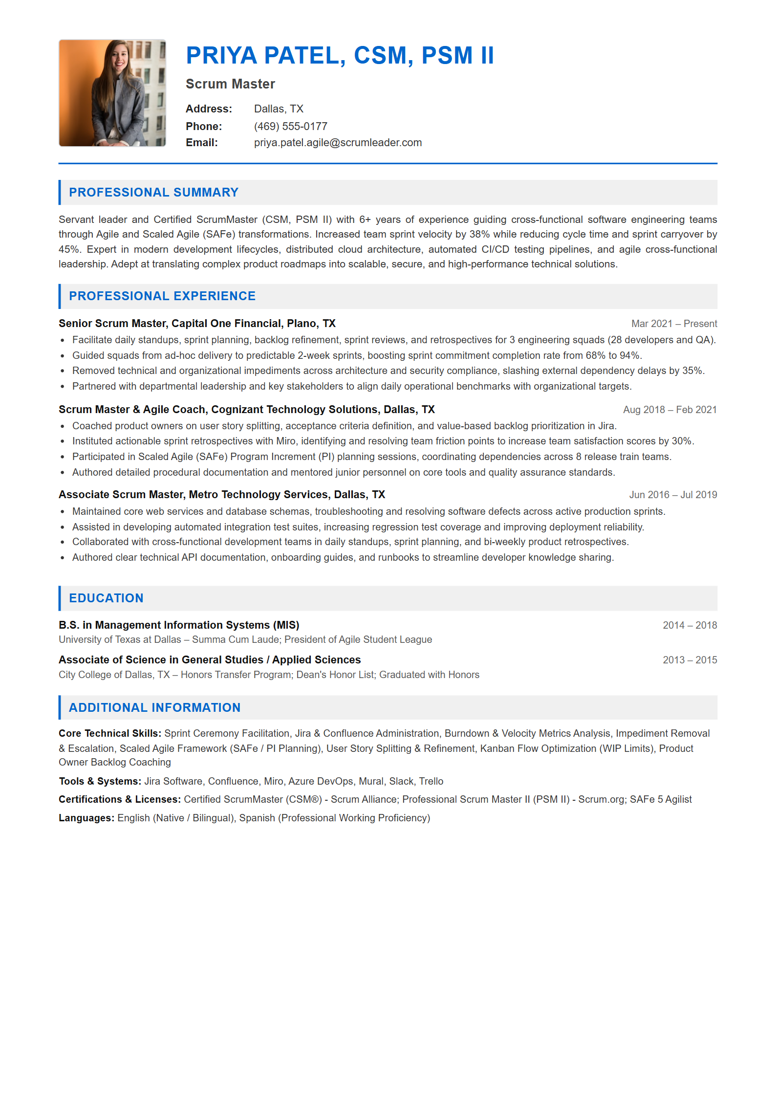 Scrum Master Resume Example (Template 107 - Executive Single-Page Format)