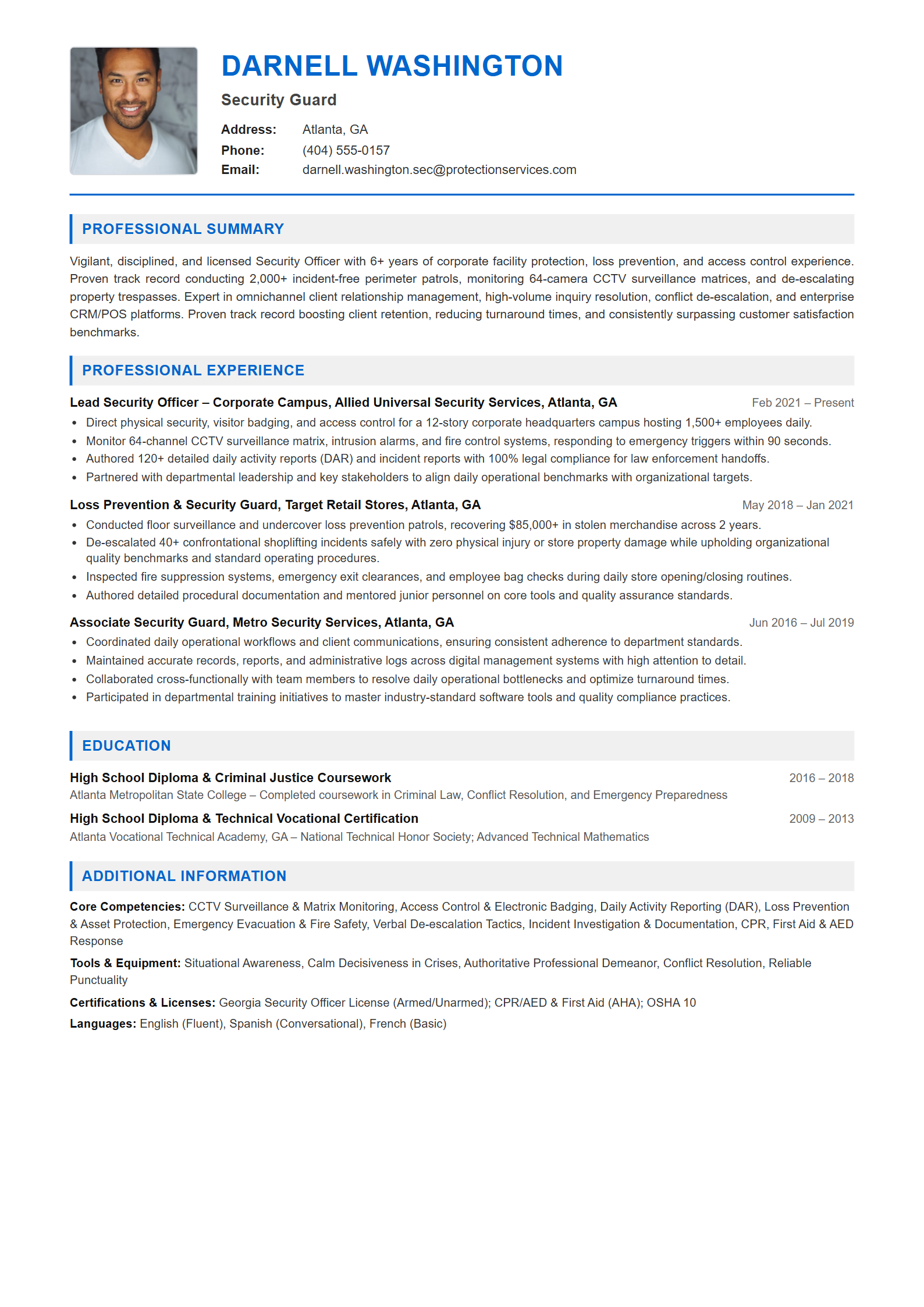 Security Guard Resume Example (Template 107 - Executive Single-Page Format)