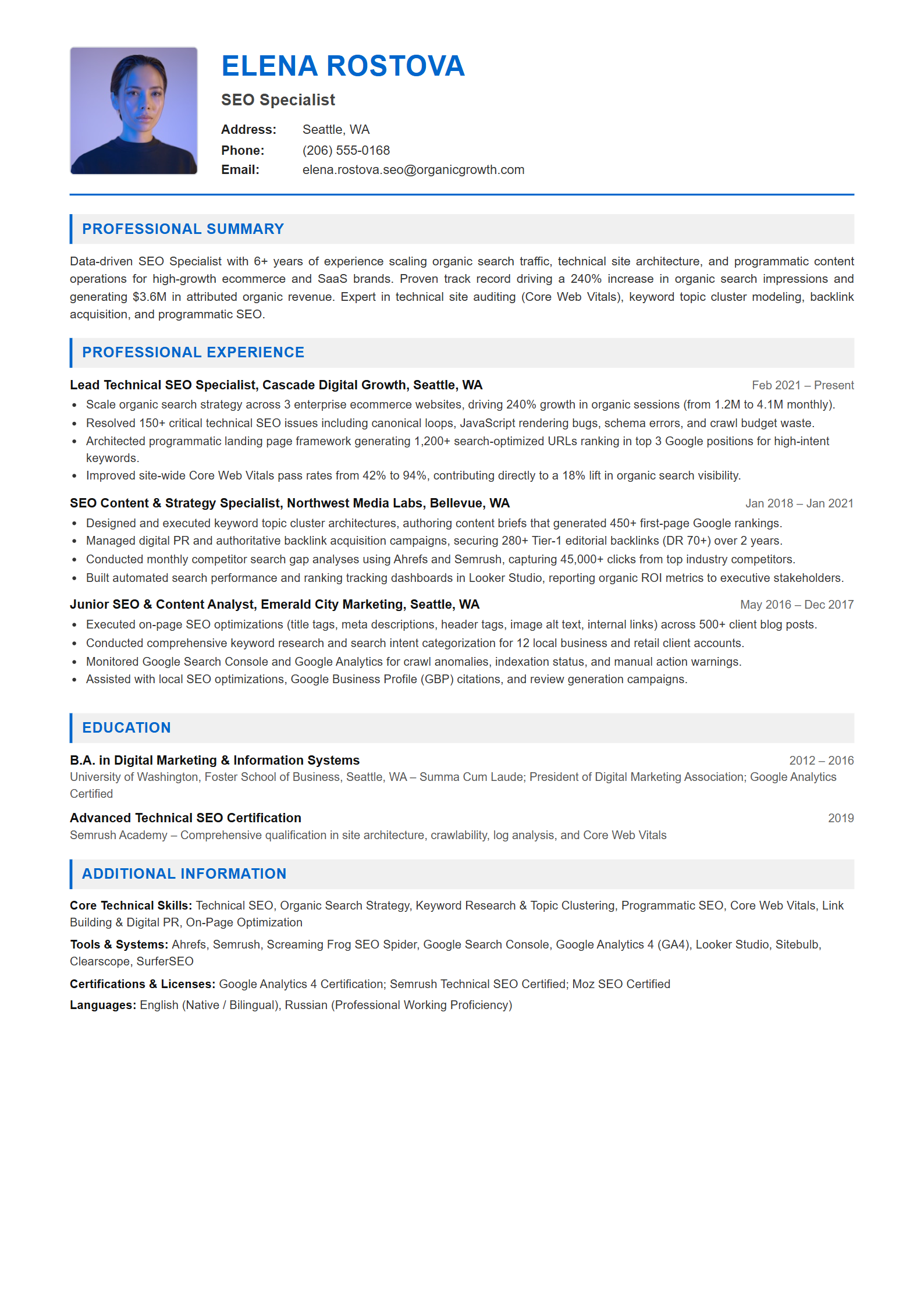 SEO Specialist Resume Example (Template 107 - Executive Single-Page Format)