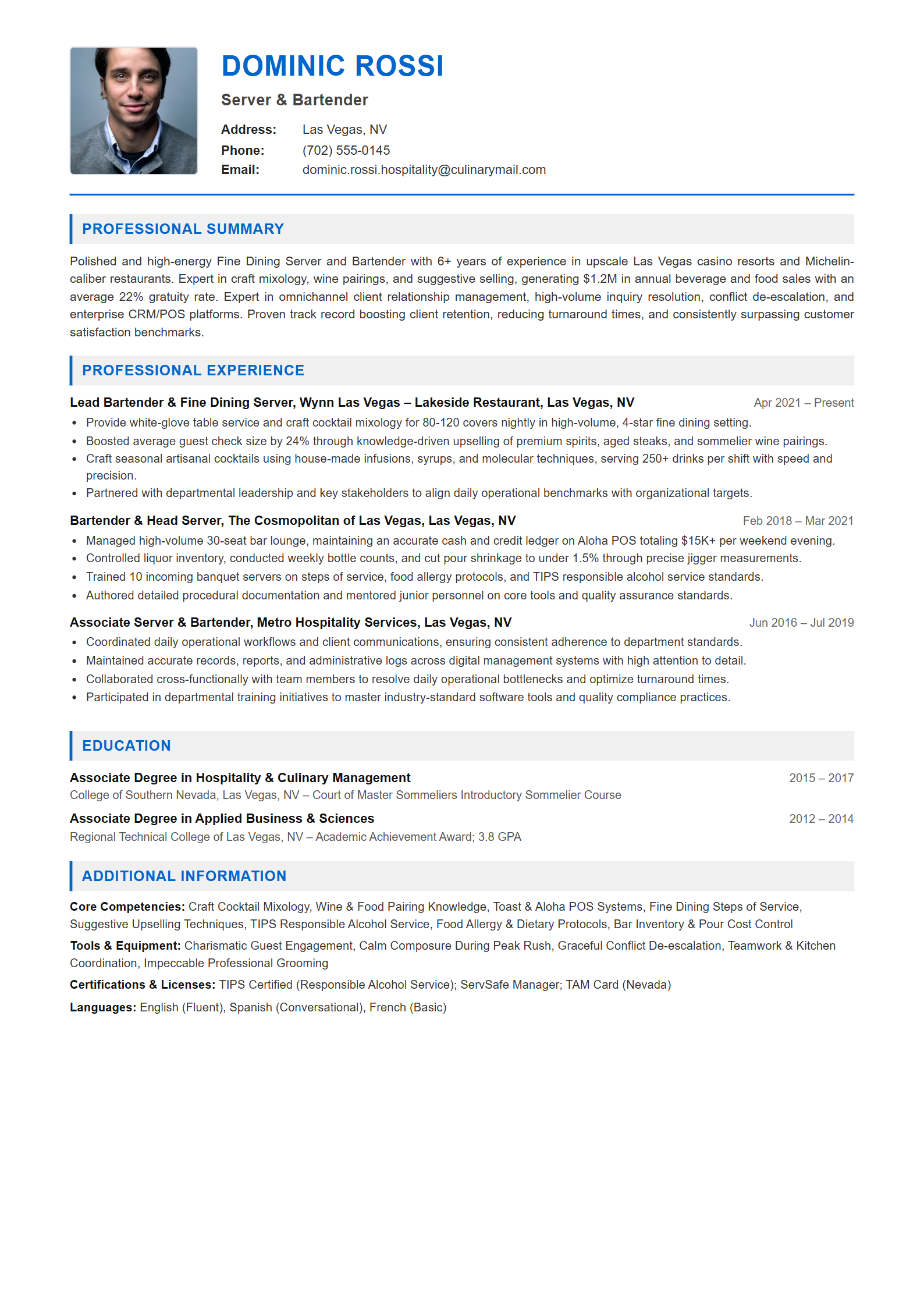 Server & Bartender Resume Example (Template 107 - Executive Single-Page Format)