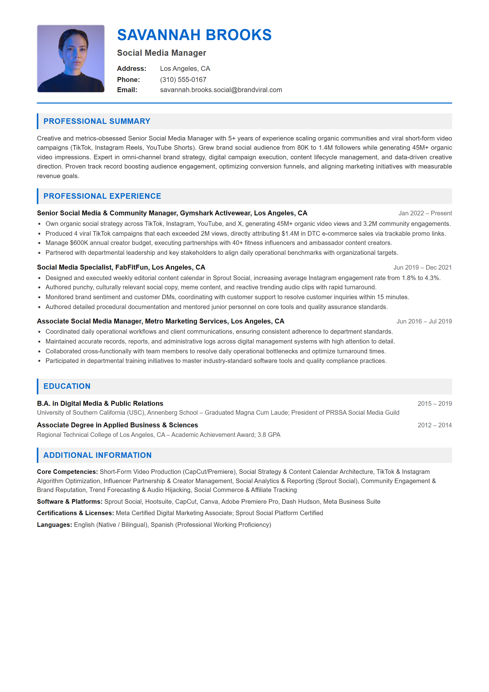 Social Media Manager Resume Example (Template 107 - Executive Single-Page Format)