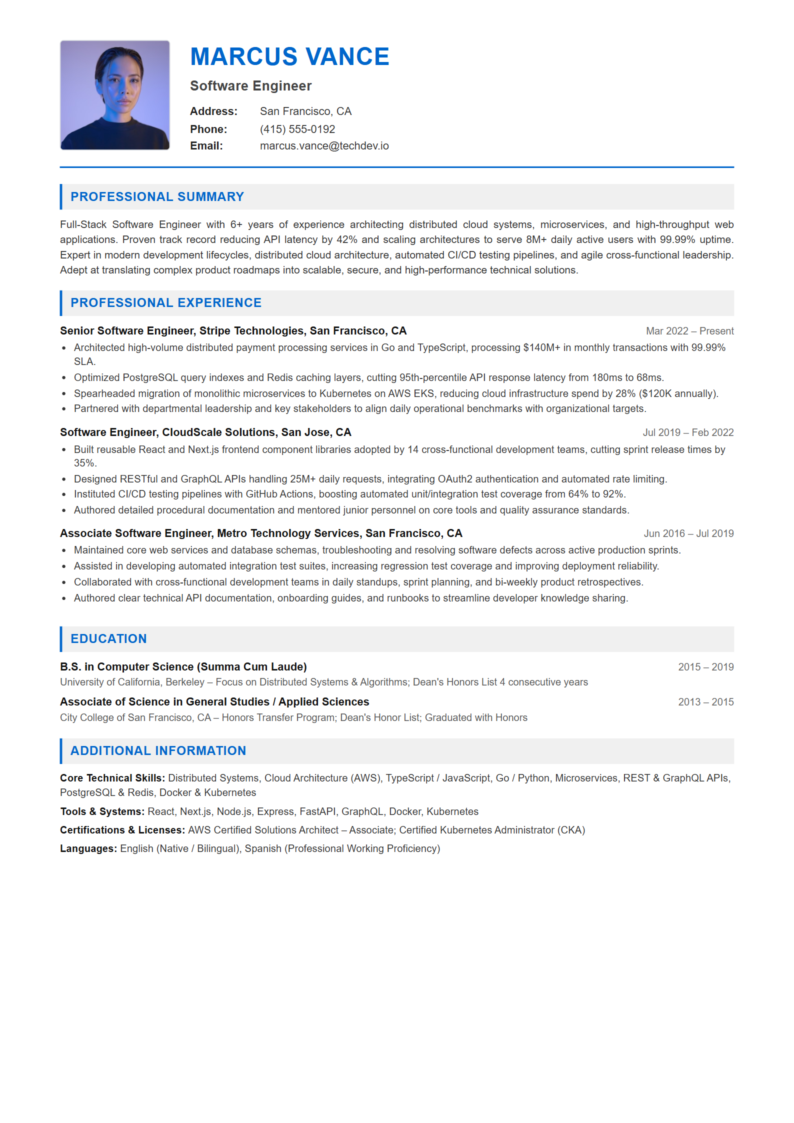 Software Engineer Resume Example (Template 107 - Executive Single-Page Format)
