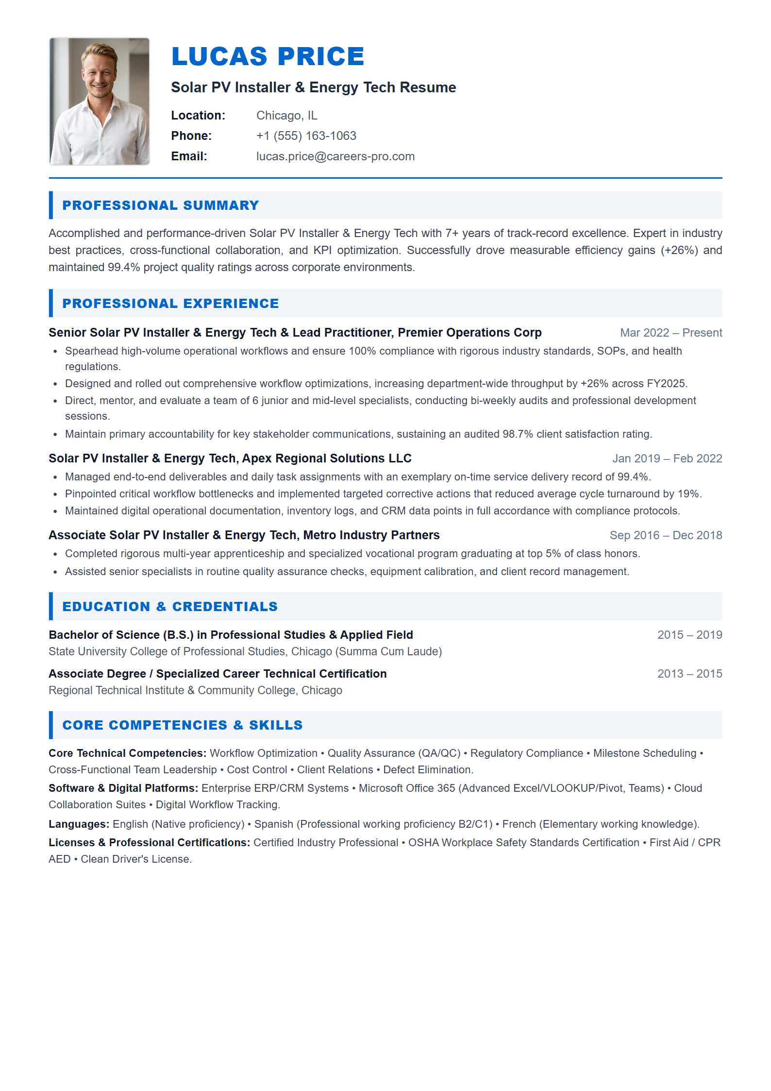 Solar PV Installer & Energy Tech Resume Example