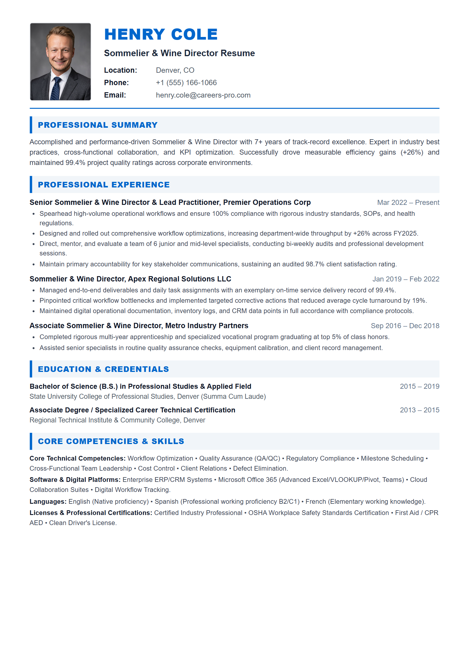 Sommelier & Wine Director Resume Example