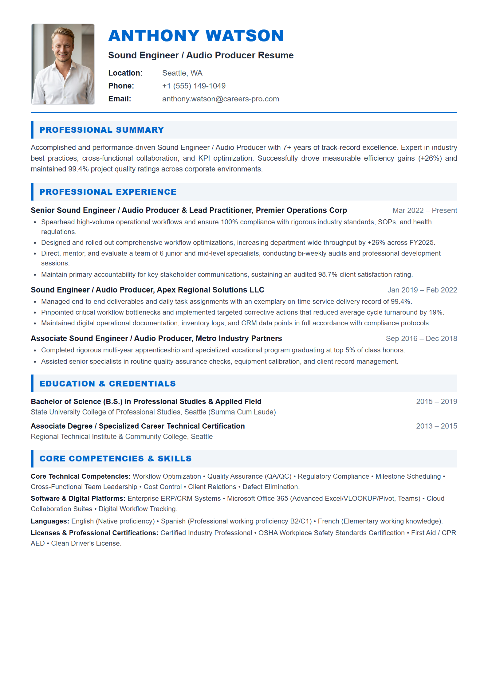 Sound Engineer / Audio Producer Resume Example