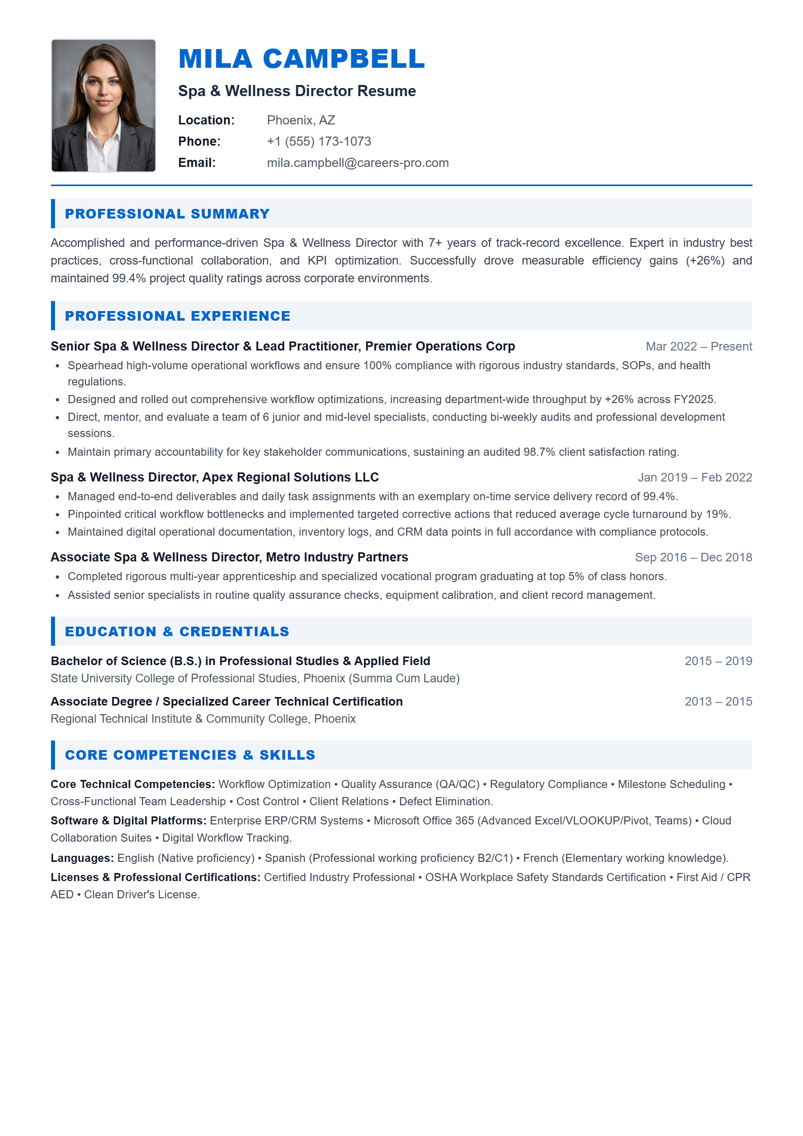 Spa & Wellness Director Resume Example