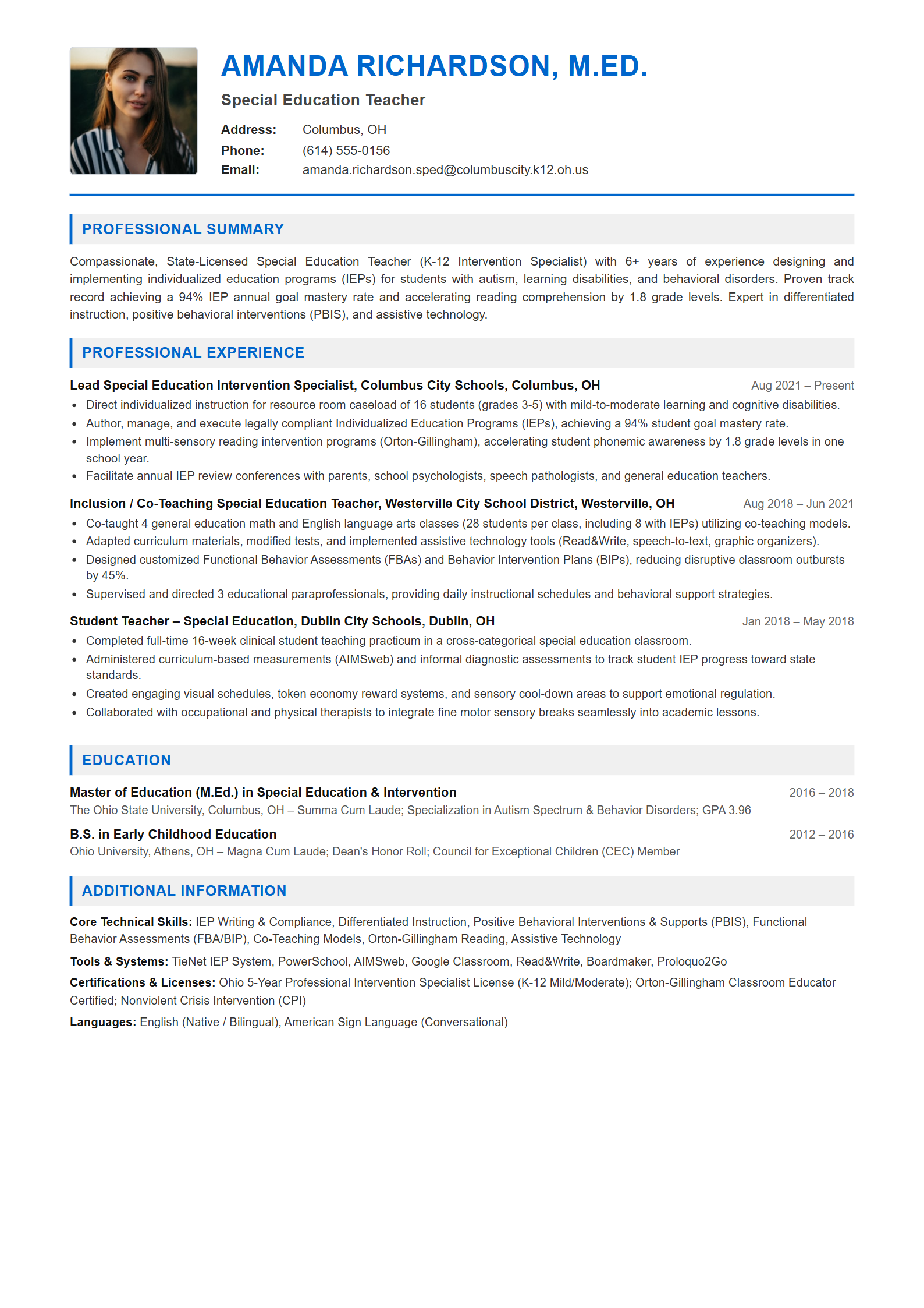 Special Education Teacher Resume Example (Template 107 - Executive Single-Page Format)