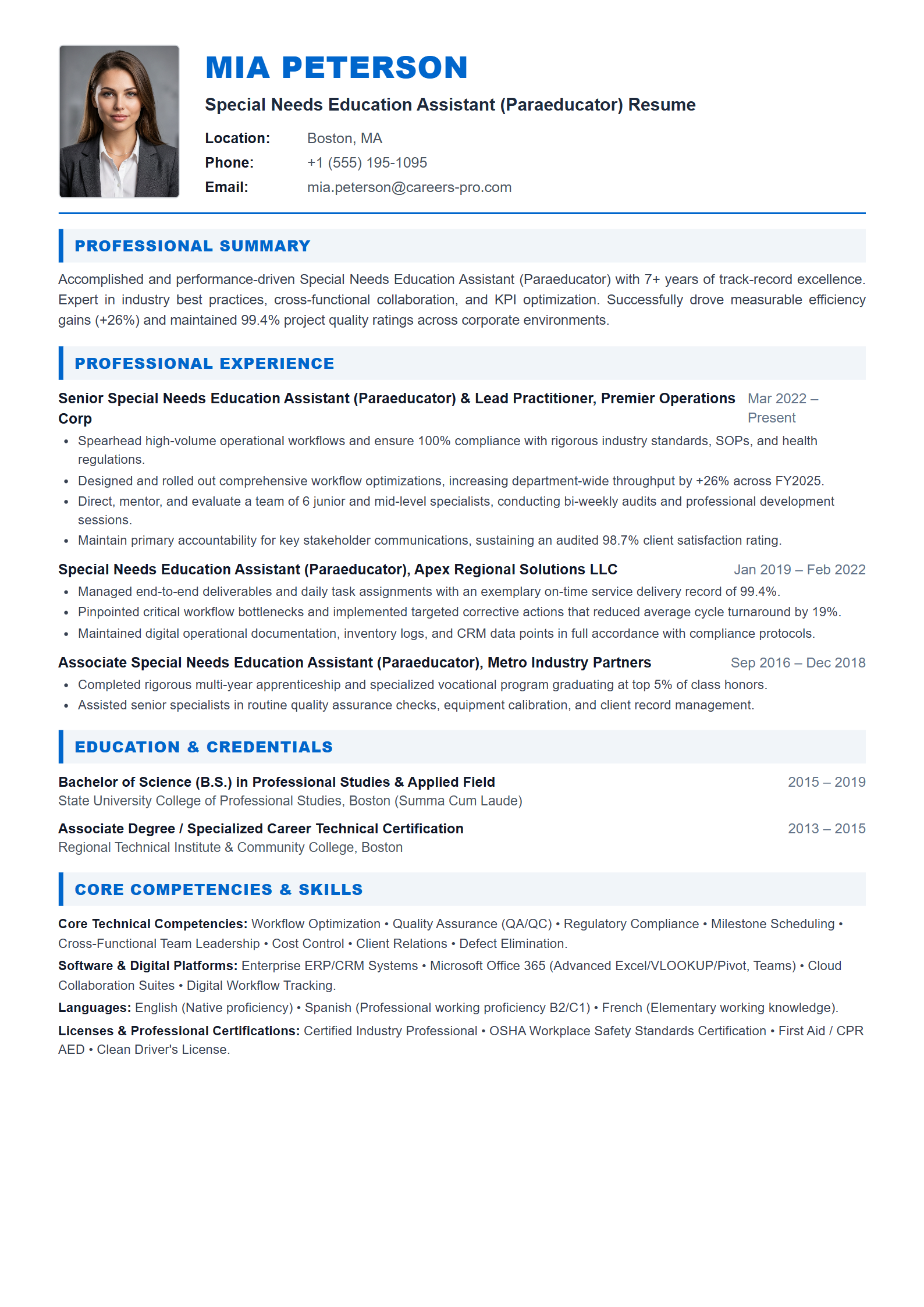 Special Needs Education Assistant (Paraeducator) Resume Example