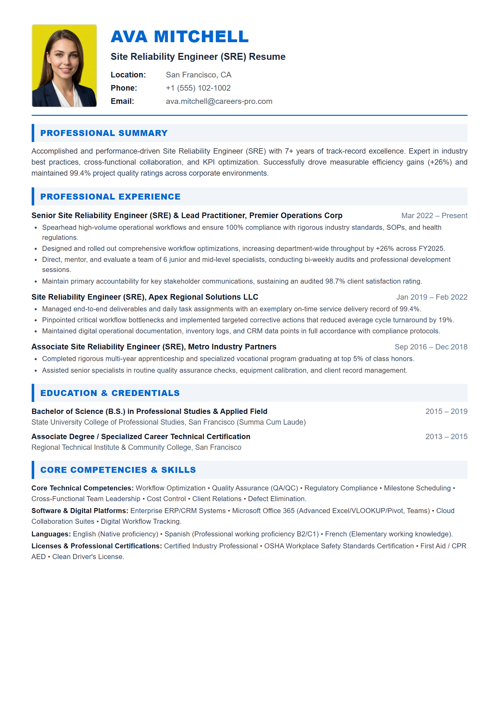Site Reliability Engineer (SRE) Resume Example