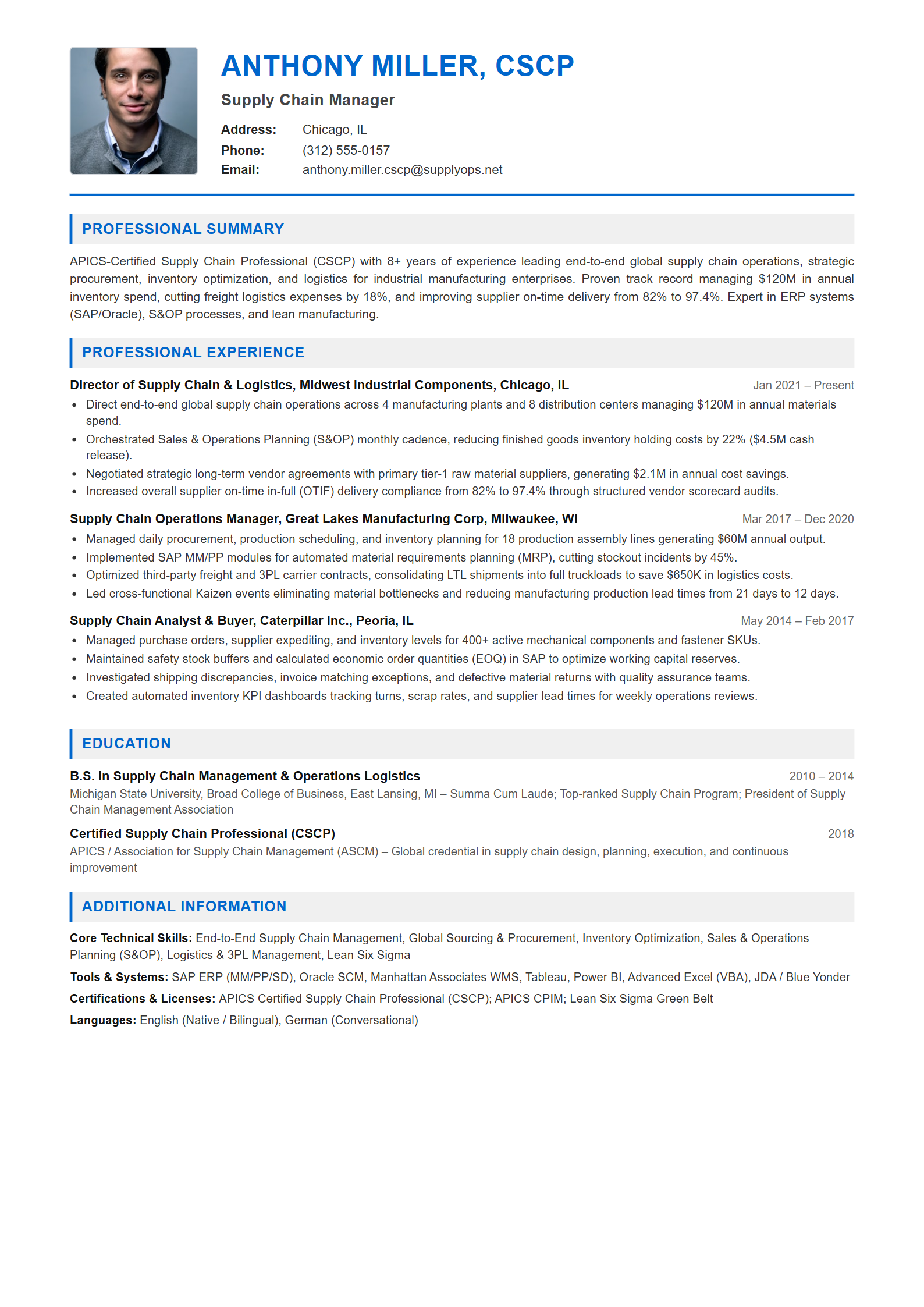 Supply Chain Manager Resume Example (Template 107 - Executive Single-Page Format)