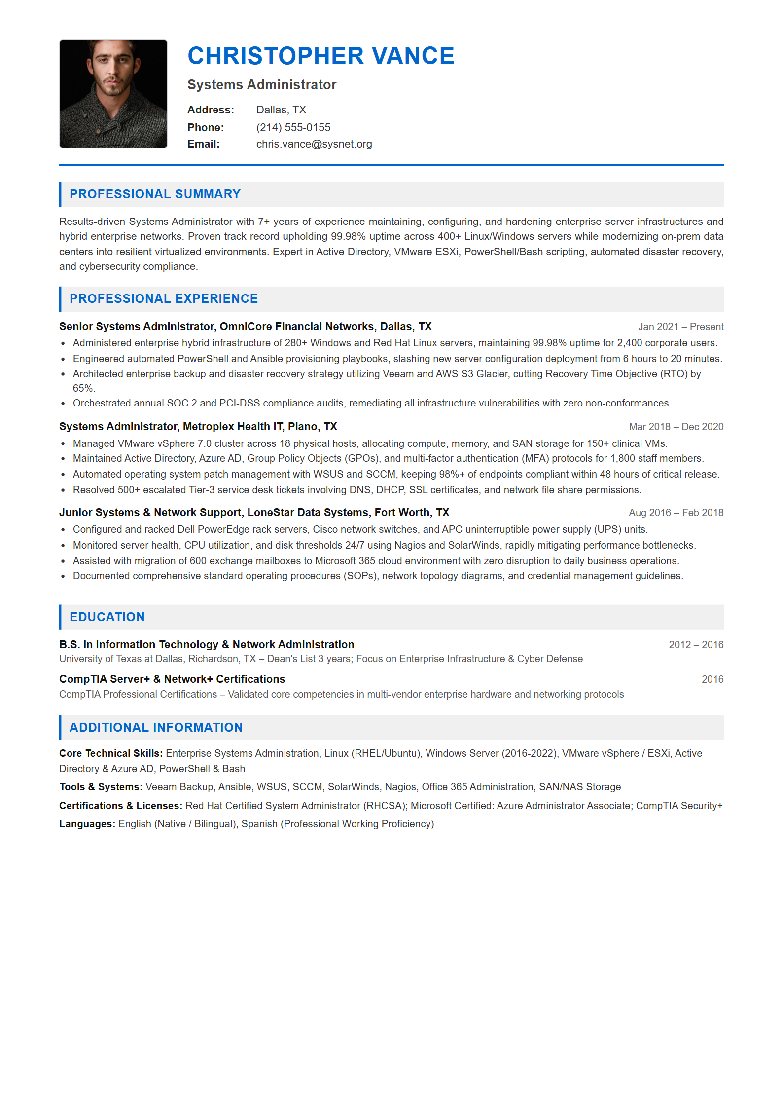 Systems Administrator Resume Example (Template 107 - Executive Single-Page Format)