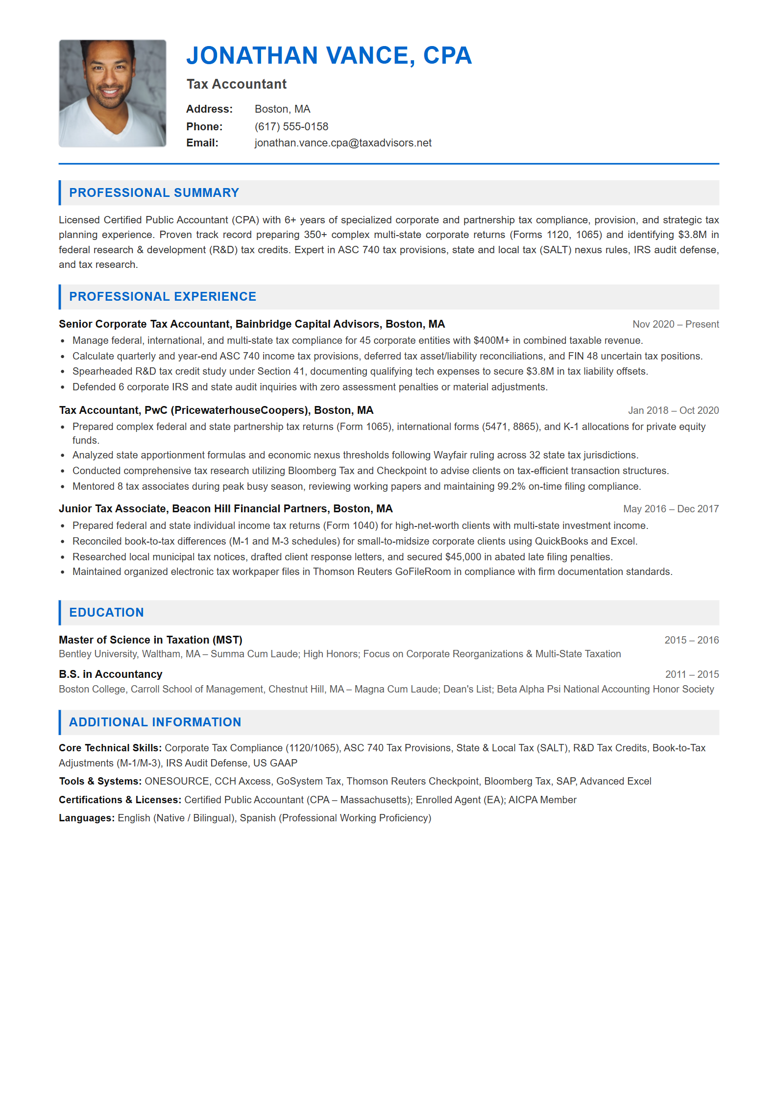 Tax Accountant Resume Example (Template 107 - Executive Single-Page Format)