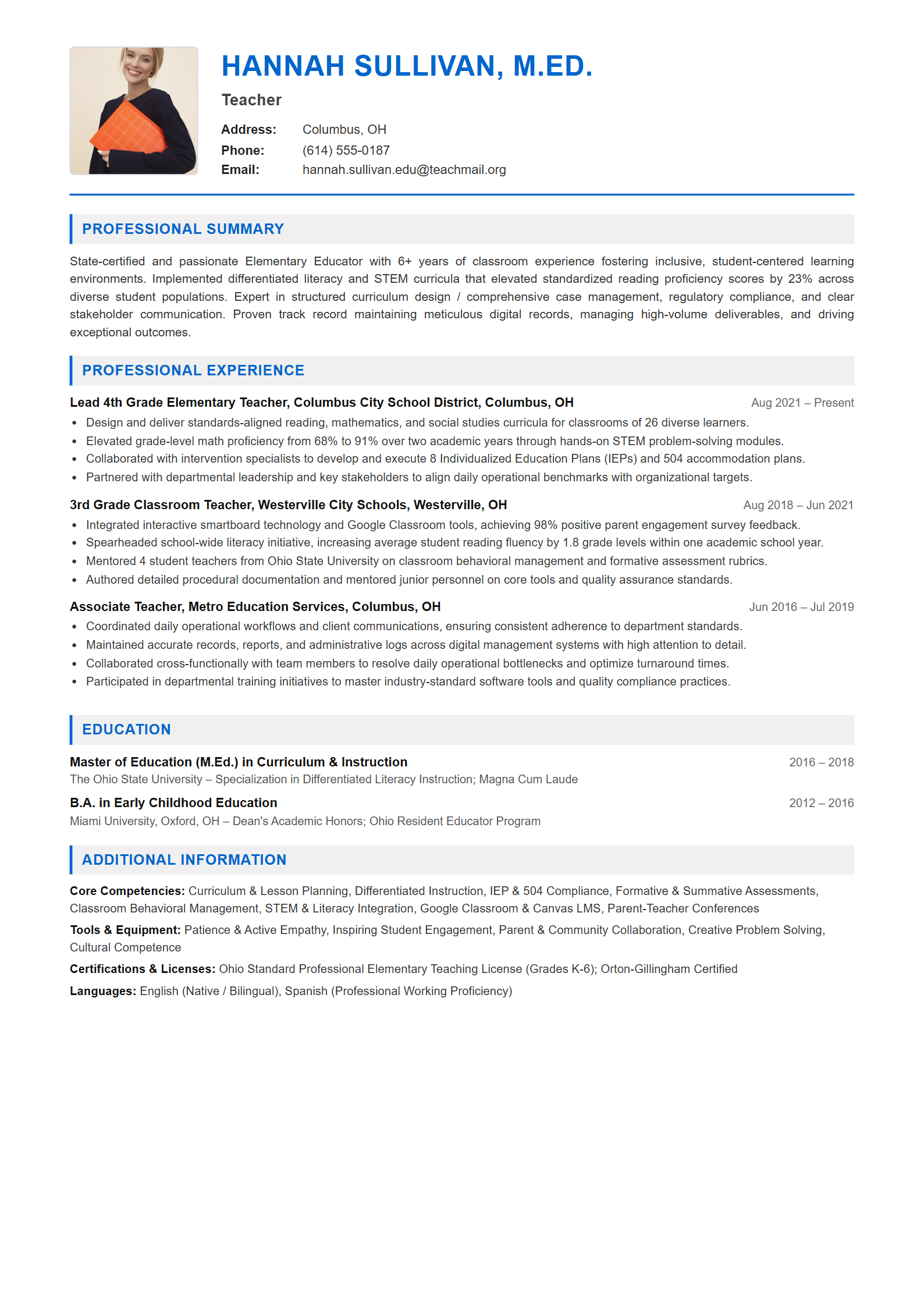 Teacher Resume Example (Template 107 - Executive Single-Page Format)