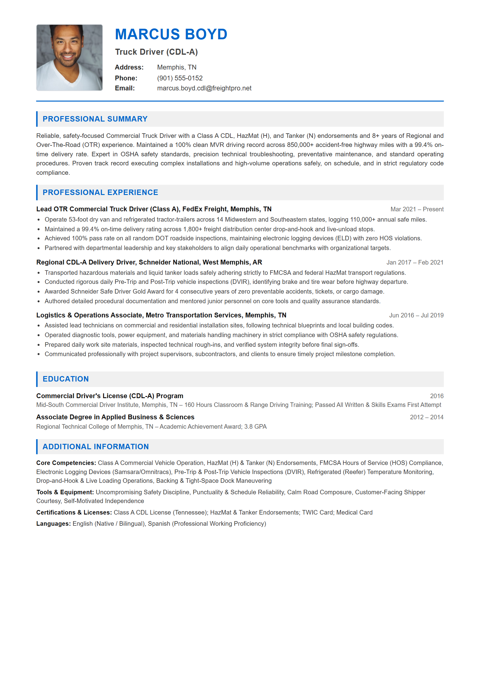 Truck Driver (CDL-A) Resume Example (Template 107 - Executive Single-Page Format)